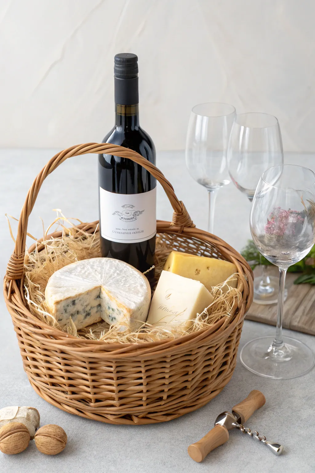 Elevate your gifting with a touch of elegance: A wine and dine basket crafted for the discerning minimalist.