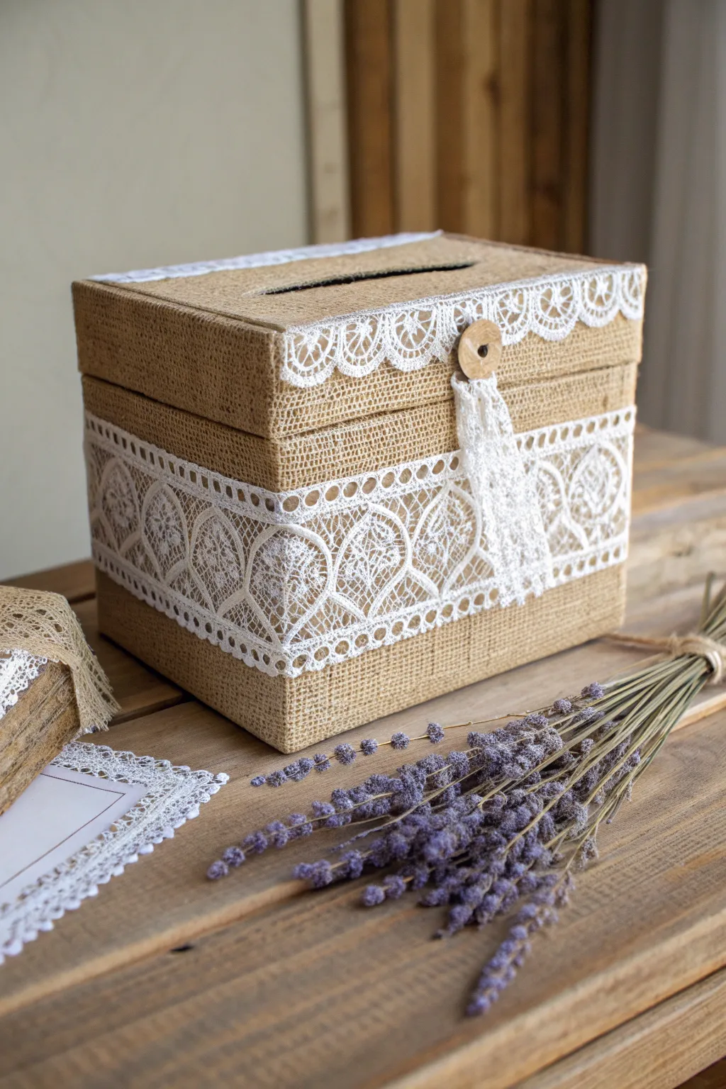 Rustic elegance meets minimalist charm in this lace and burlap gift card box.