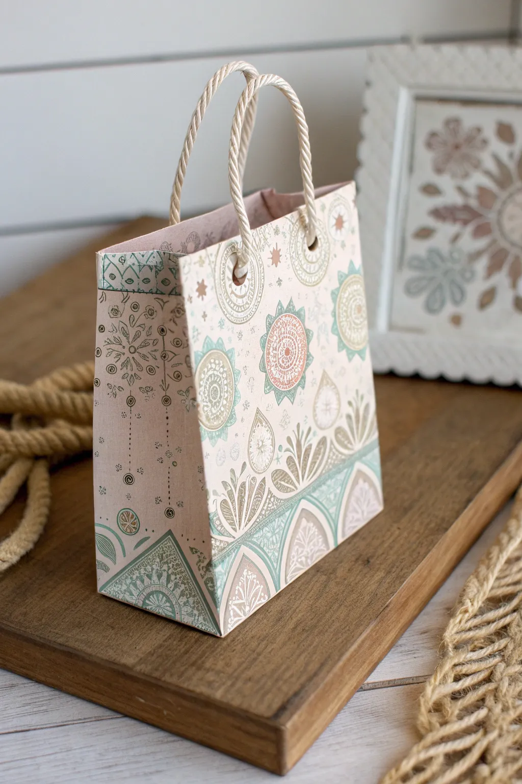 Charming and personal: a tiny gift bag crafted with love, perfect for your special gift card.