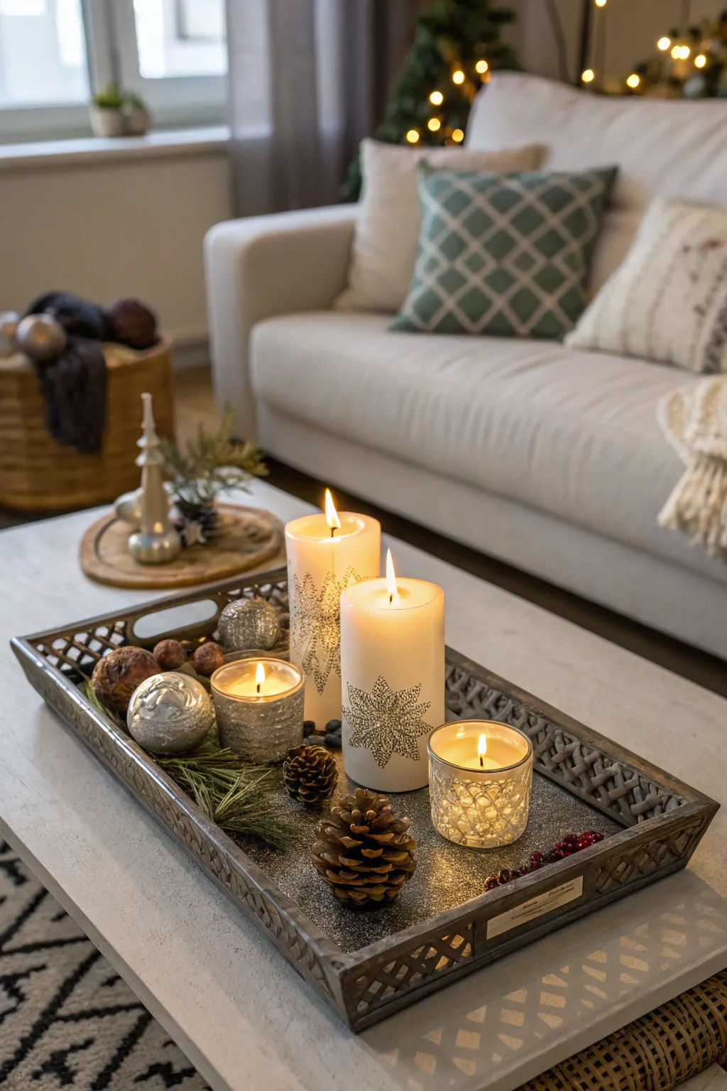 A decorative tray provides a stylish presentation for candles.