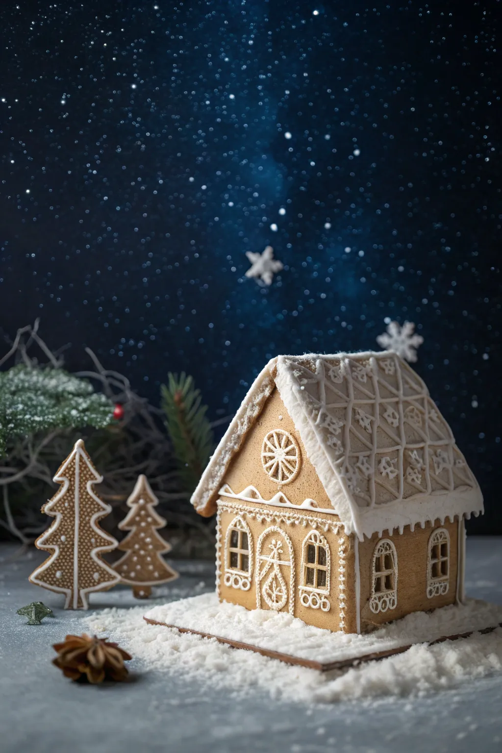 Embrace the calm of a snowy night with this enchanting gingerbread house design.