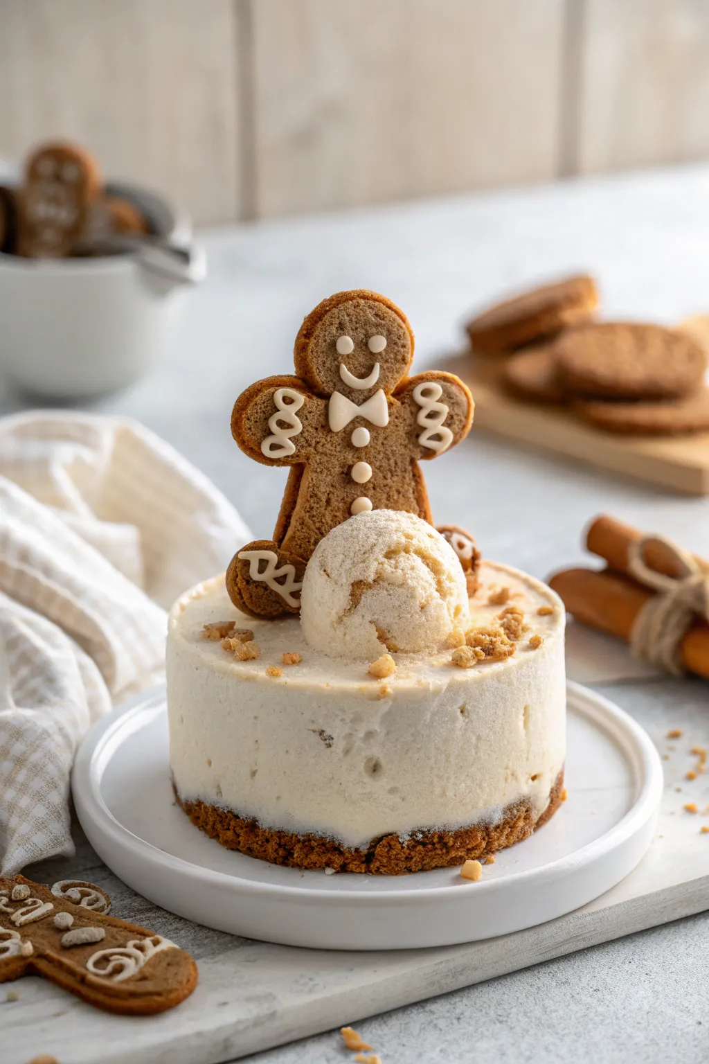 Indulge in the harmonious blend of warmth and coolness with this gingerbread man ice cream cake – a winter delight with a minimalist flair.
