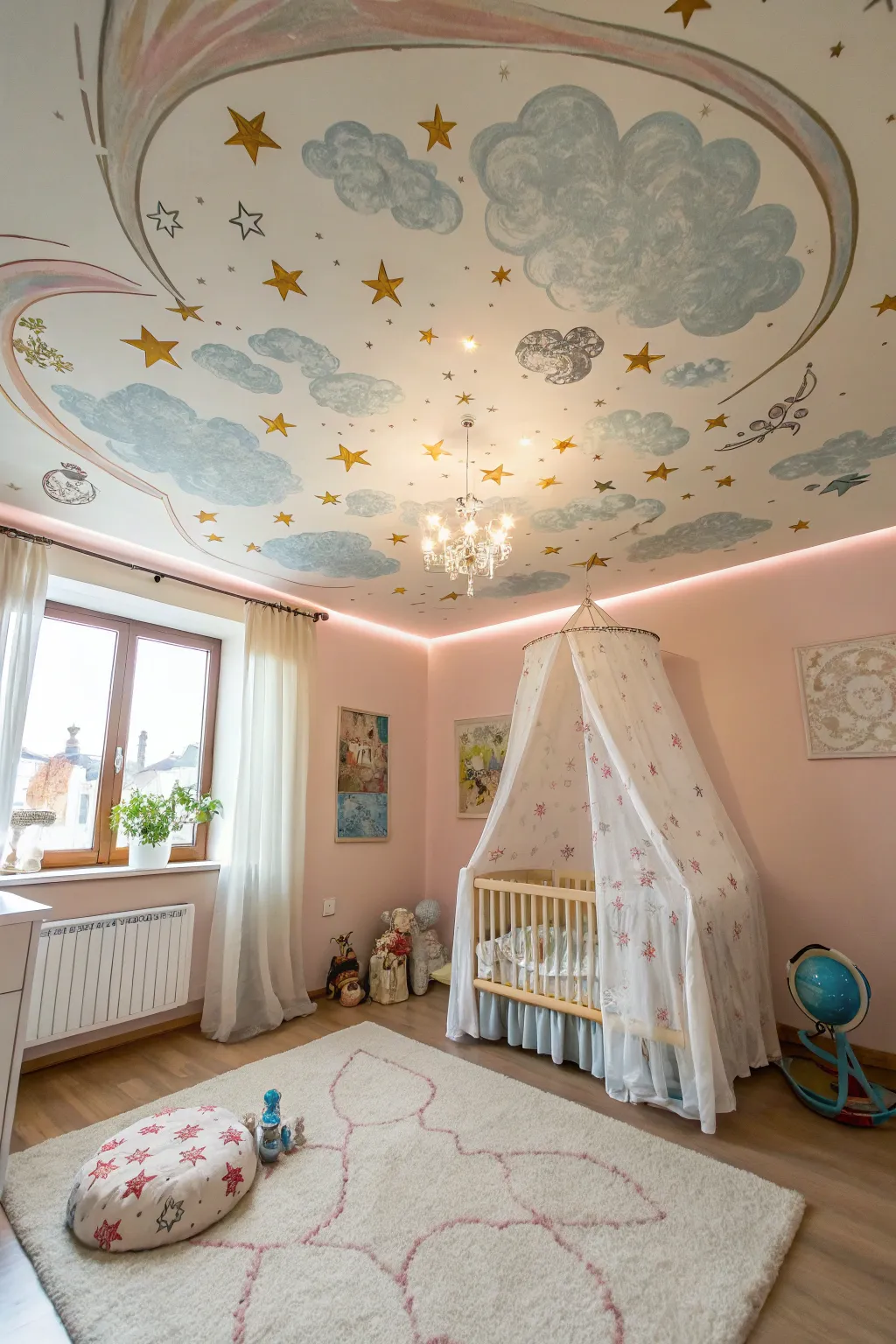A whimsical ceiling stimulates imagination in this nursery.