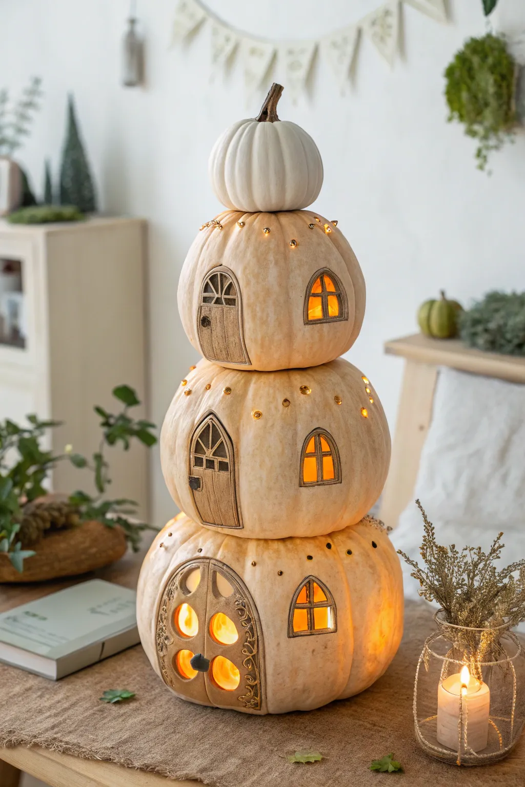 Create a magical fairy village with stacked pumpkin houses, perfect for adding a whimsical touch to your autumn decor!