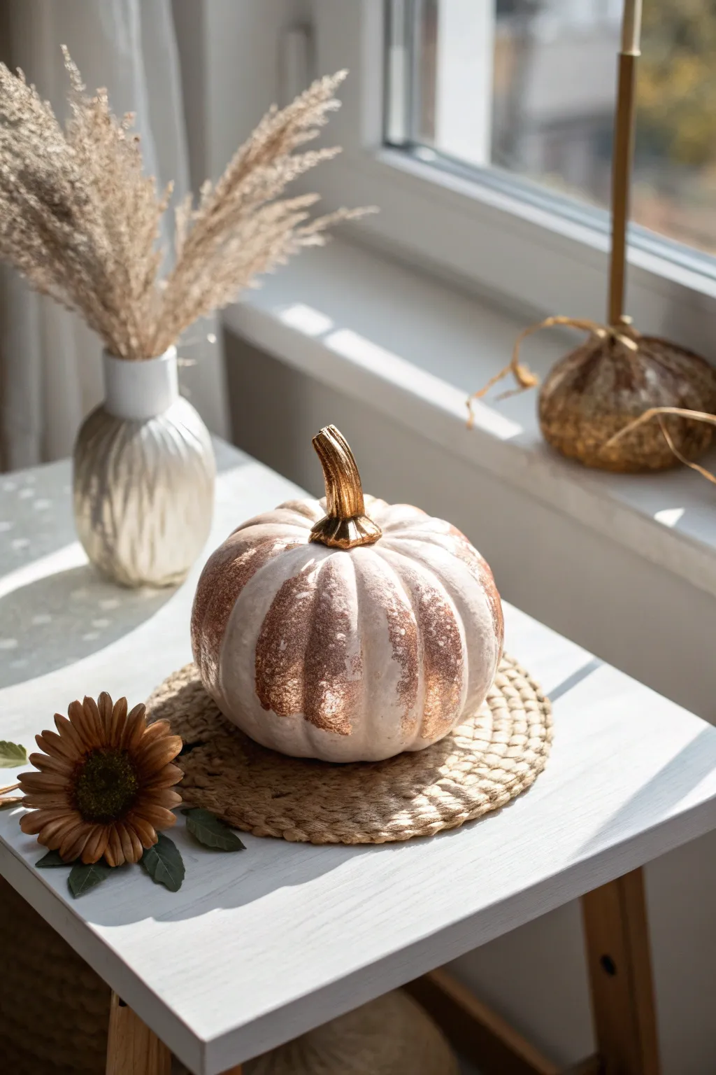 Shine bright with this metallic rose gold pumpkin masterpiece, perfect for adding a touch of elegance to your autumn decor.