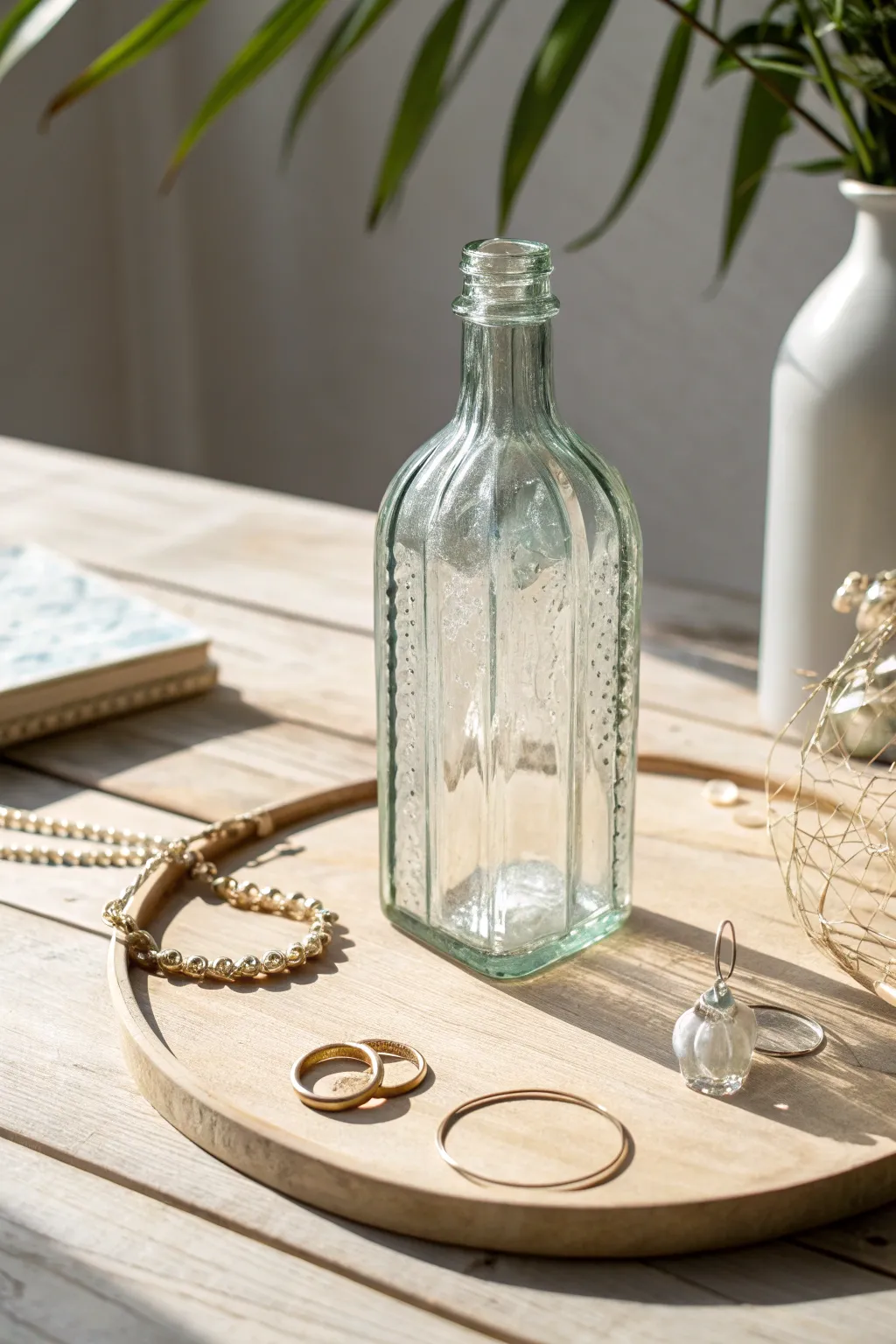 Transform simplicity into elegance: A glass bottle jewelry holder that blends minimalism with natural beauty.