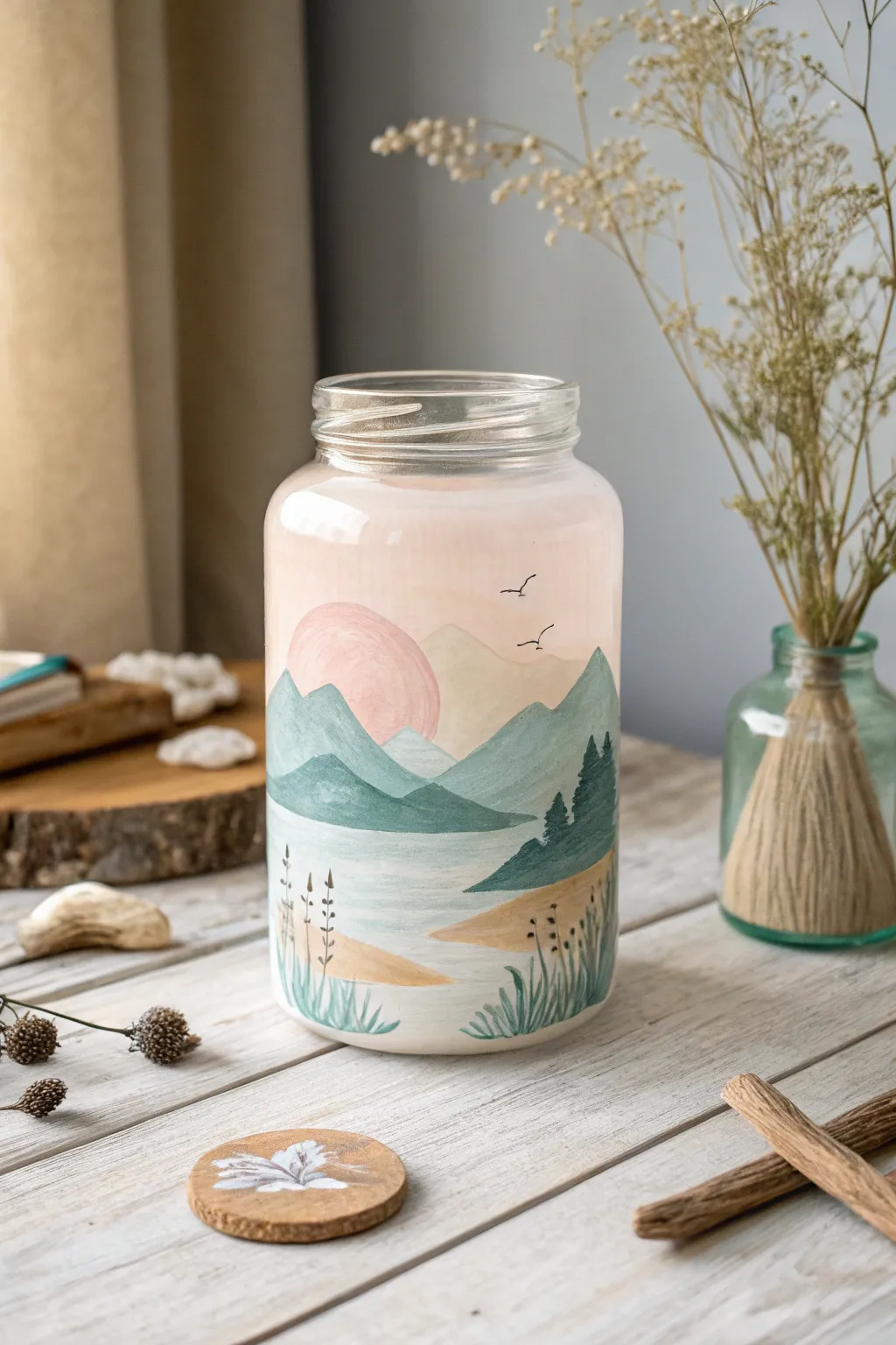 Capture serenity and simplicity with a painted glass jar that brings dreamy landscapes into your home.