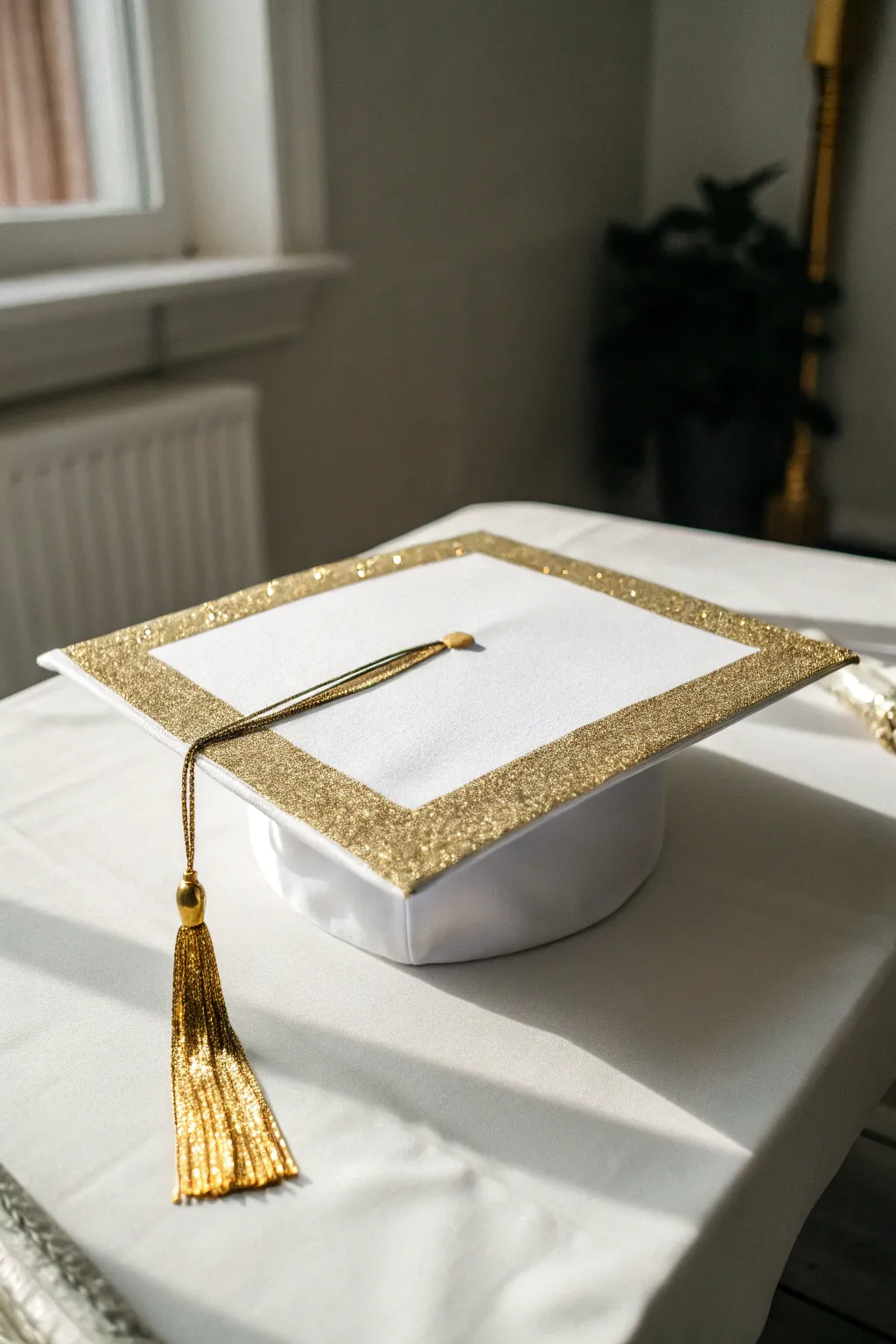 Achieve elegance with a touch of shimmer: Minimalist chic graduation cap with a glitter stripe.