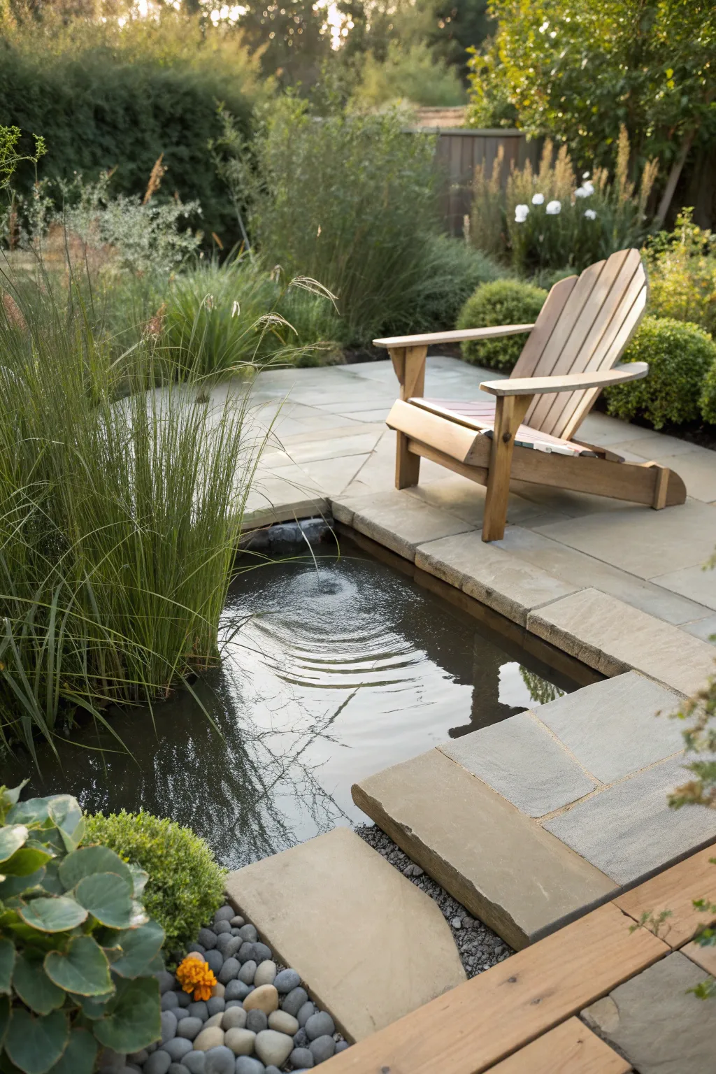 Find peace in your own backyard oasis with this serene patio pond setup. 🐟✨ #PatioParadise #ScandinavianBoho