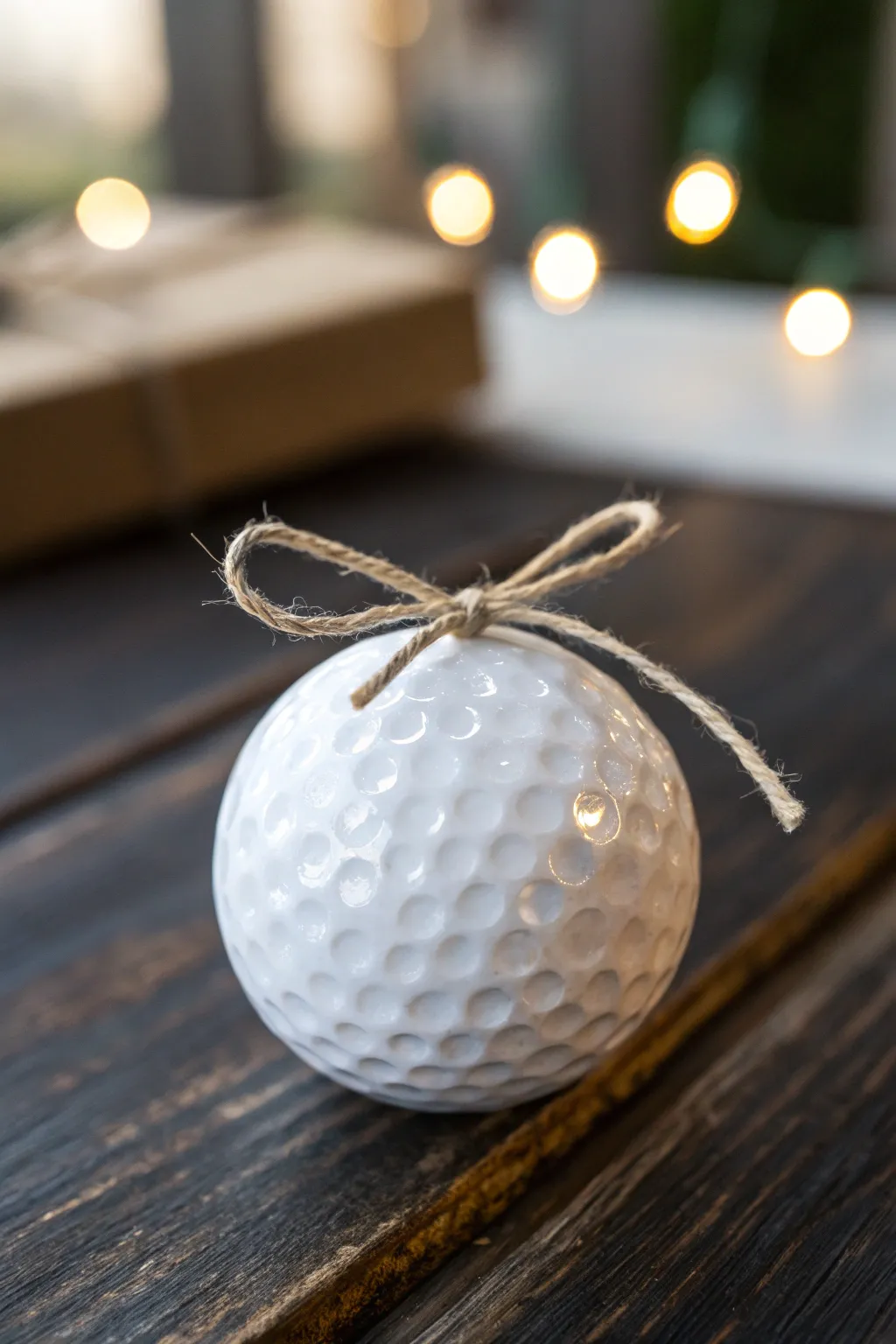 Elegance in Simplicity: A minimalist white golf ball pumpkin with a touch of twine sophistication.
