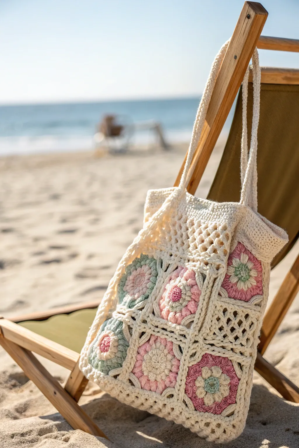 Crafted for the carefree summer spirit: A stunning granny square mesh bag, perfect for beach days.