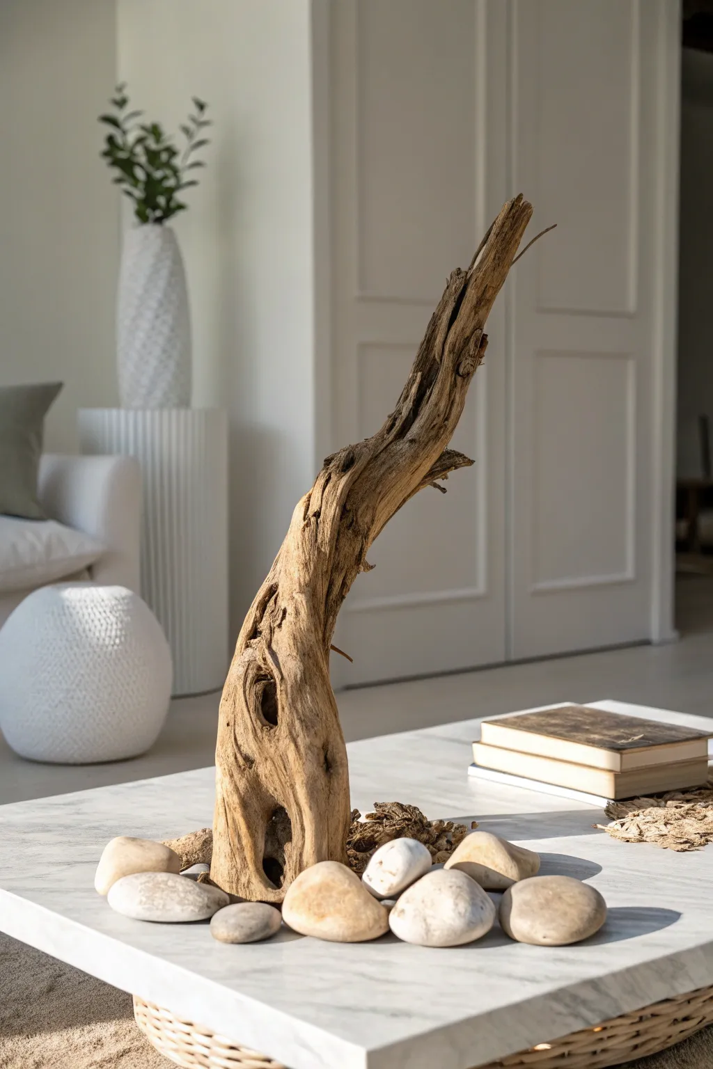 Embrace the beauty of nature with minimalist driftwood decor, perfect for a serene and stylish living space.