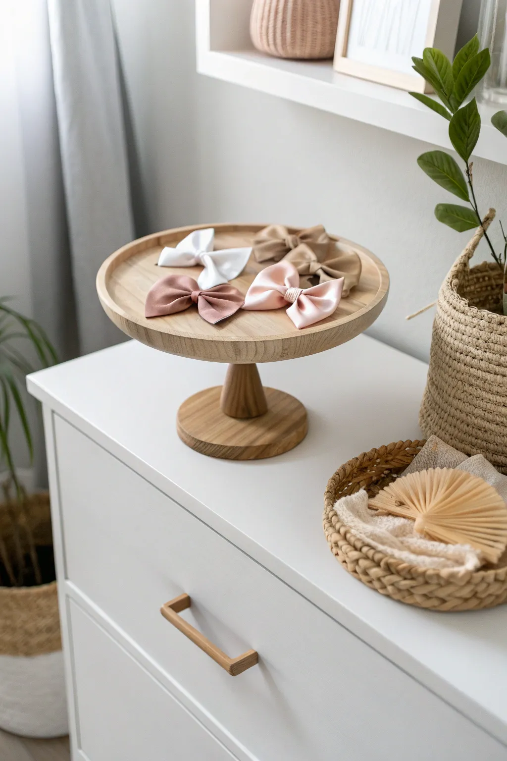 Transform your space with a chic cake stand display for hair bows—where elegance meets simplicity.