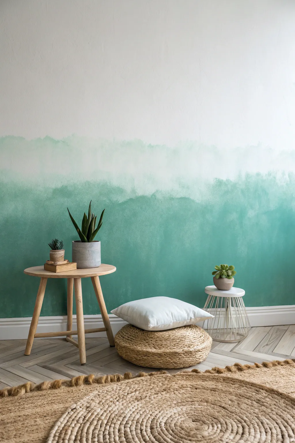 Create a serene space with a soothing gradient wall, perfect for your meditation corner. 🌿 #ScandiBoho #GradientWall
