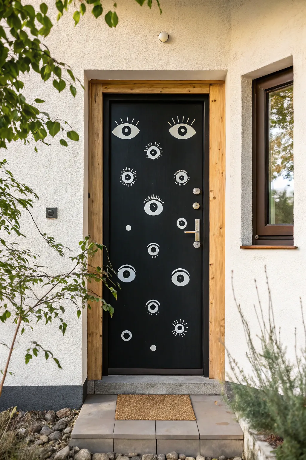 Add a playful twist to Halloween with a minimalist googly eye door design!