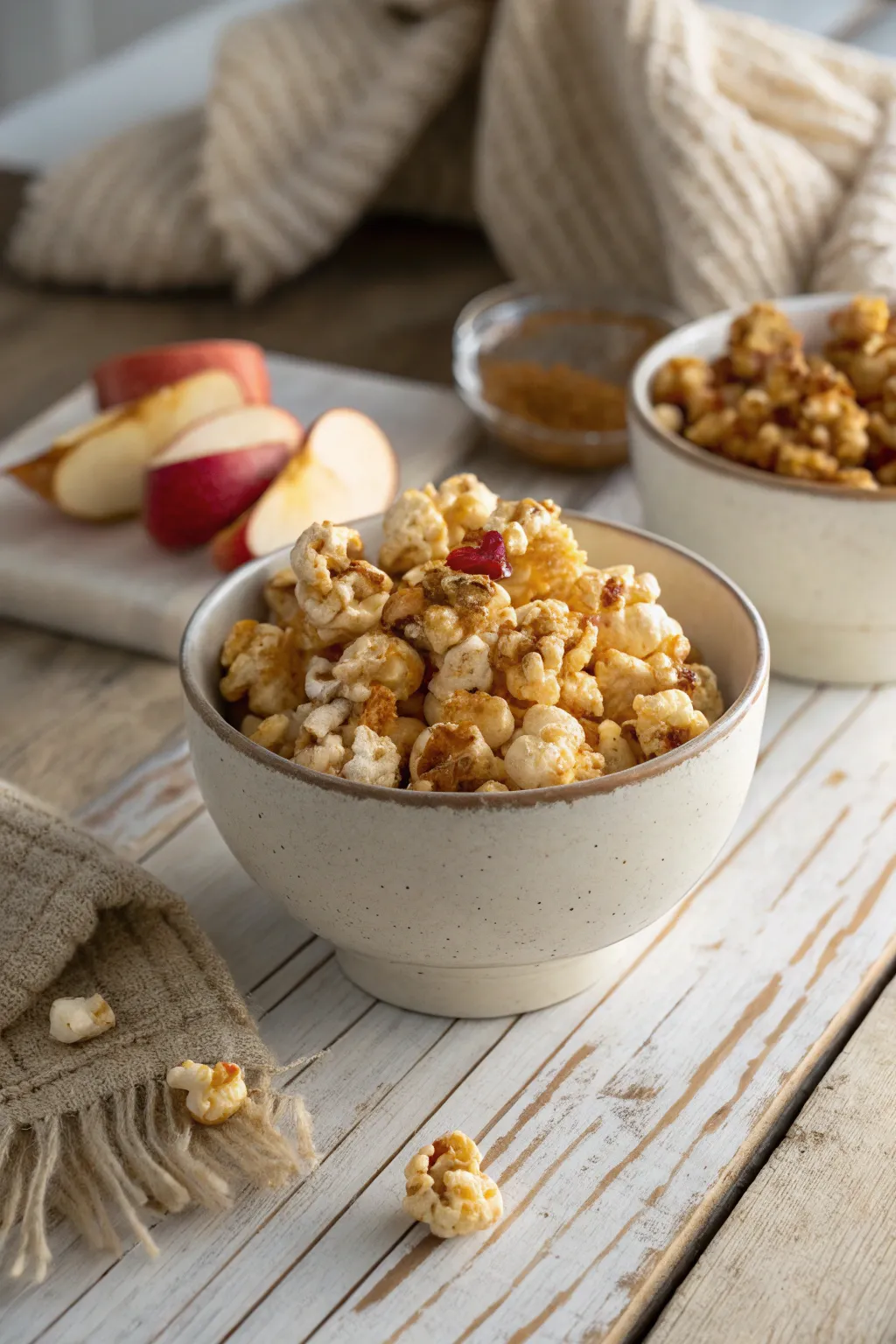 Indulge in the perfect blend of sweet caramel and tart apple with this delightful fall-inspired popcorn treat.