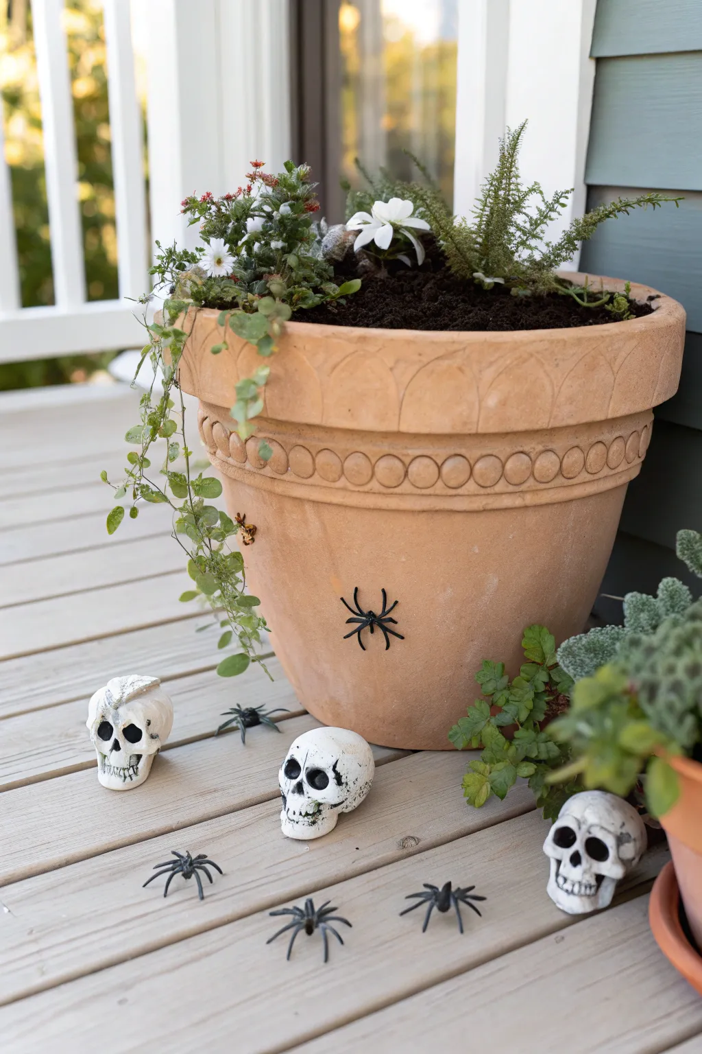 Effortlessly spooky: Transform your porch with minimalist Halloween planter decor.