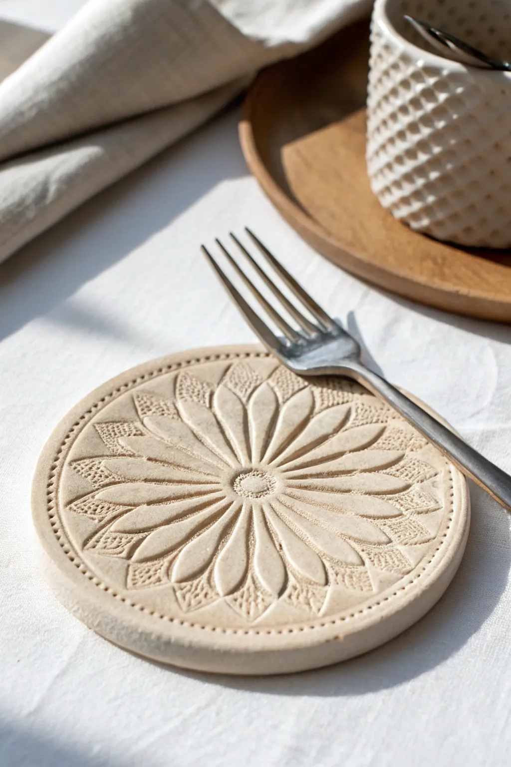 Elevate your table setting with this beautifully embossed clay coaster, a perfect blend of simplicity and artisanal charm.