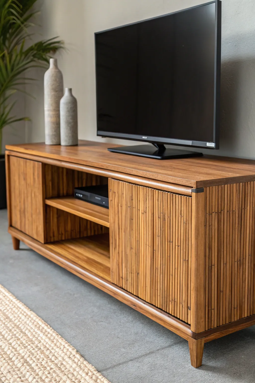 Elevate your living space with the elegance of a handcrafted bamboo TV stand.