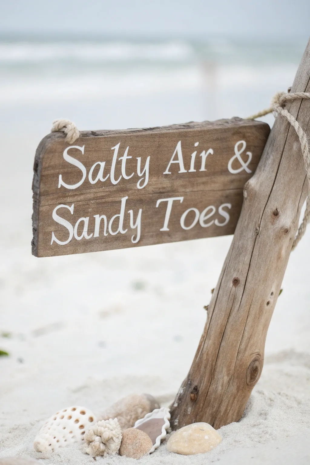 Bring the coast home with this charming handmade sign that whispers 'Salty Air & Sandy Toes.'