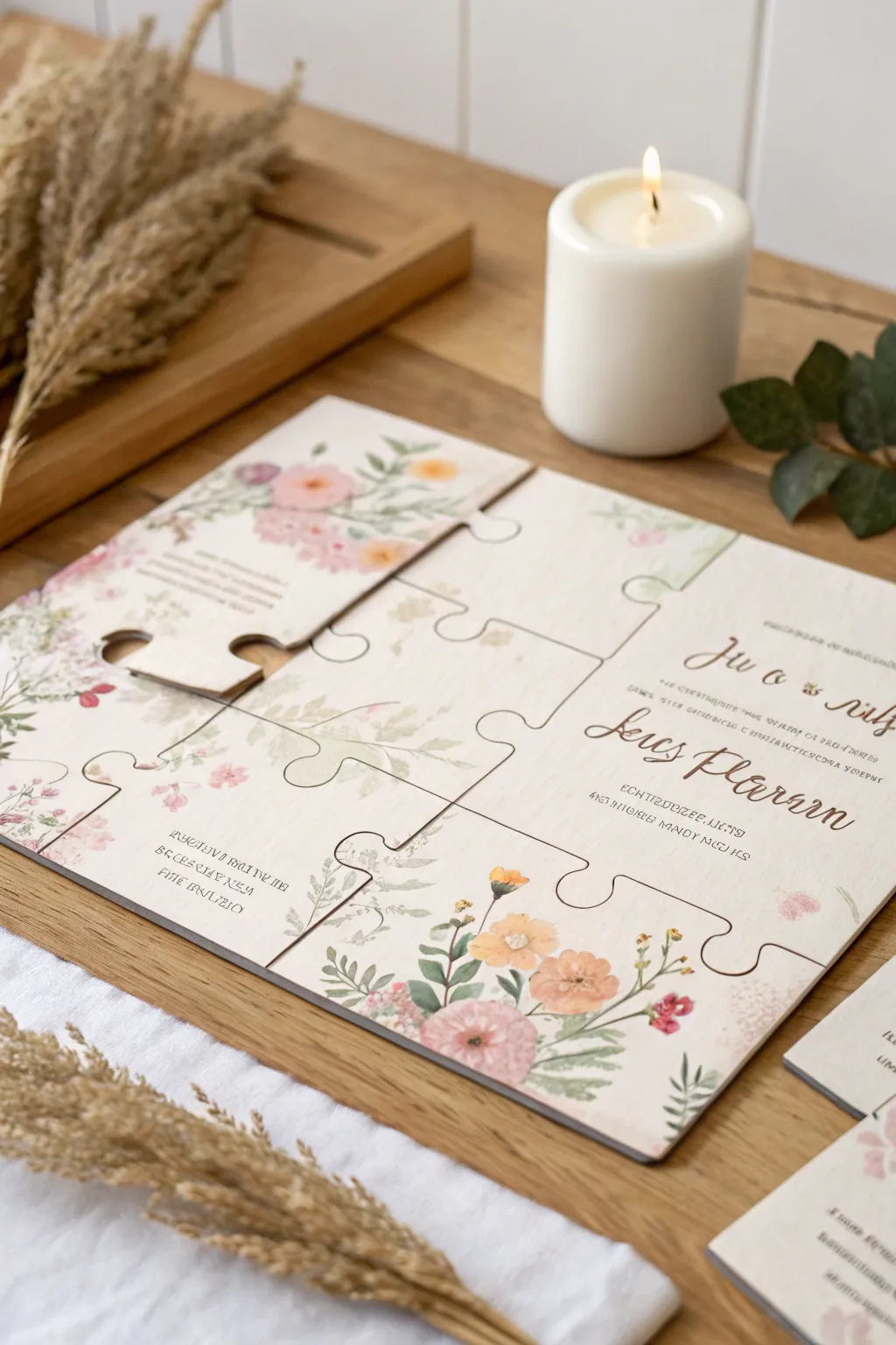 Invite your guests to piece together your love story with this charming puzzle invitation.
