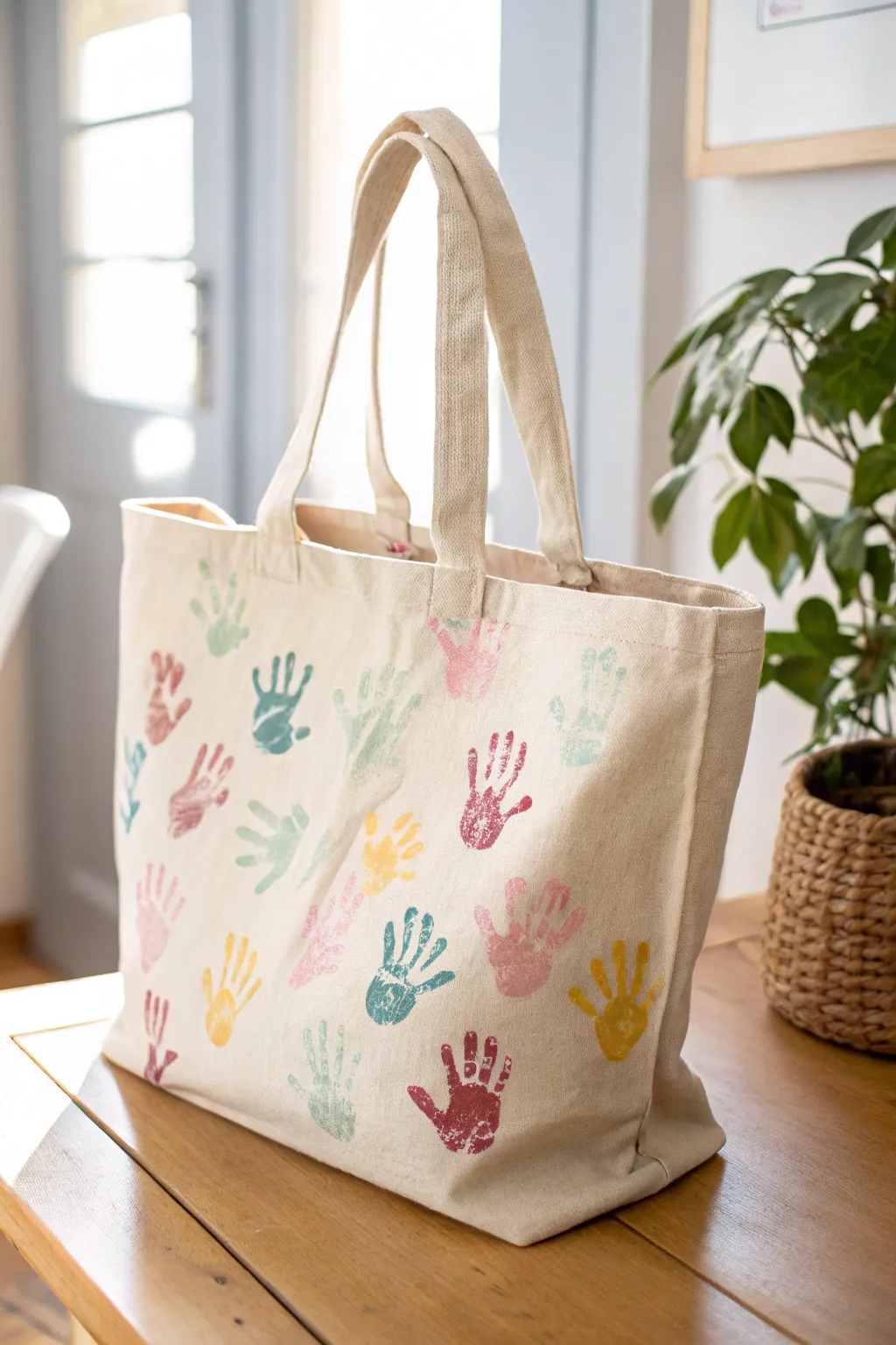 Carry your essentials with artistic flair: A handcrafted handprint tote bag that stands out in style.