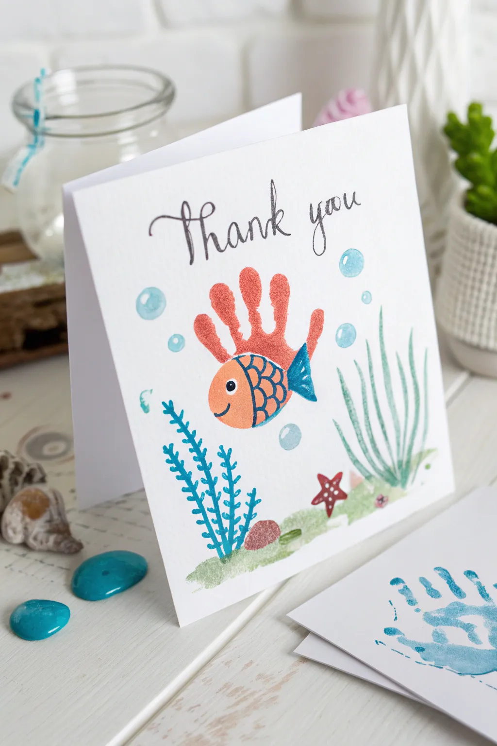 Make a splash with gratitude: a hand-printed sea creature thank you card that exudes elegance and charm.