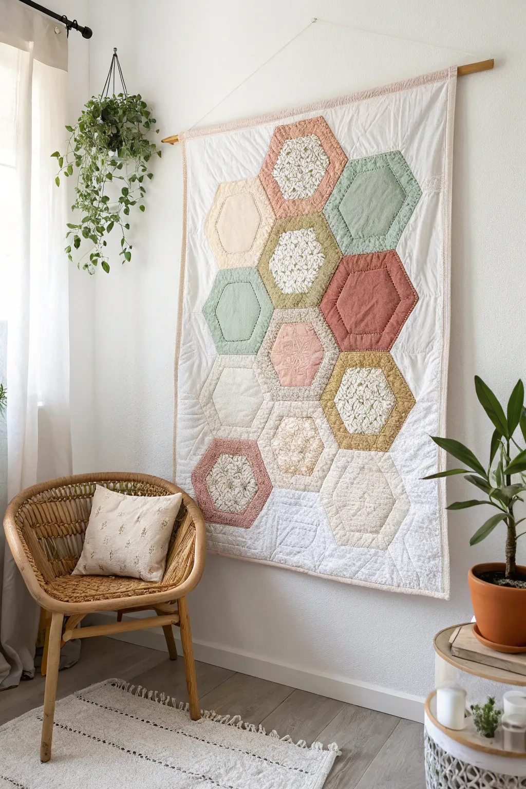 Elevate your space with the cozy charm of hexagon quilted wall art, where simplicity meets craftsmanship.