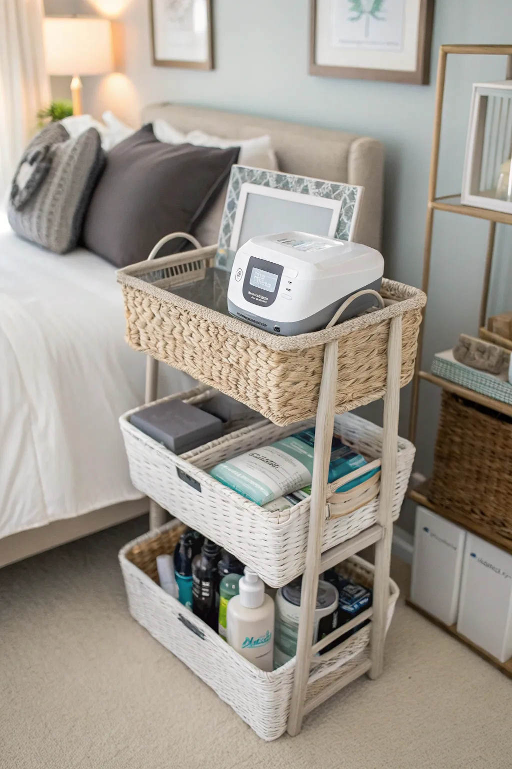 A multi-tiered basket organizes and hides bedtime essentials.