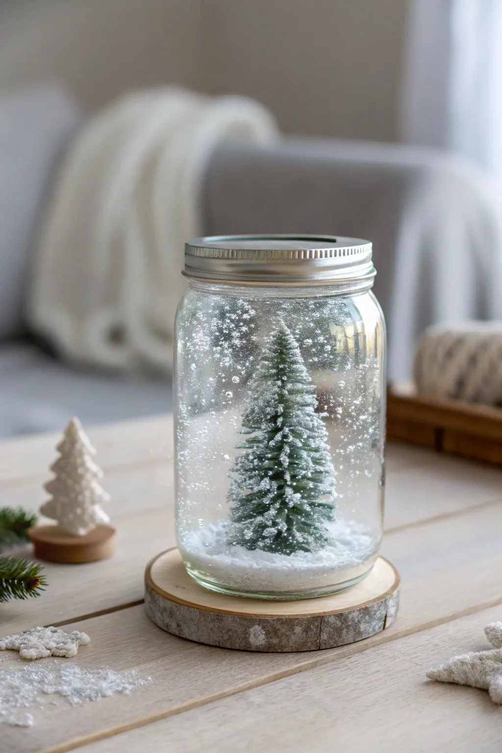 Capture the magic of the season with a handcrafted mason jar snow globe, a perfect blend of minimalist elegance and boho charm.