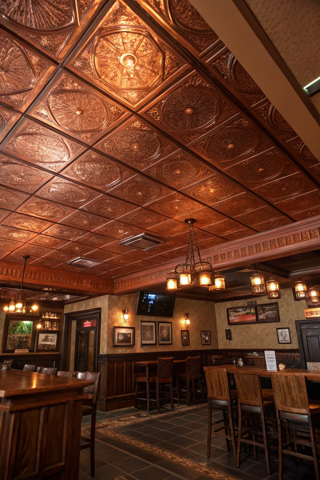 Copper ceilings add luxury and warmth to your home pub.