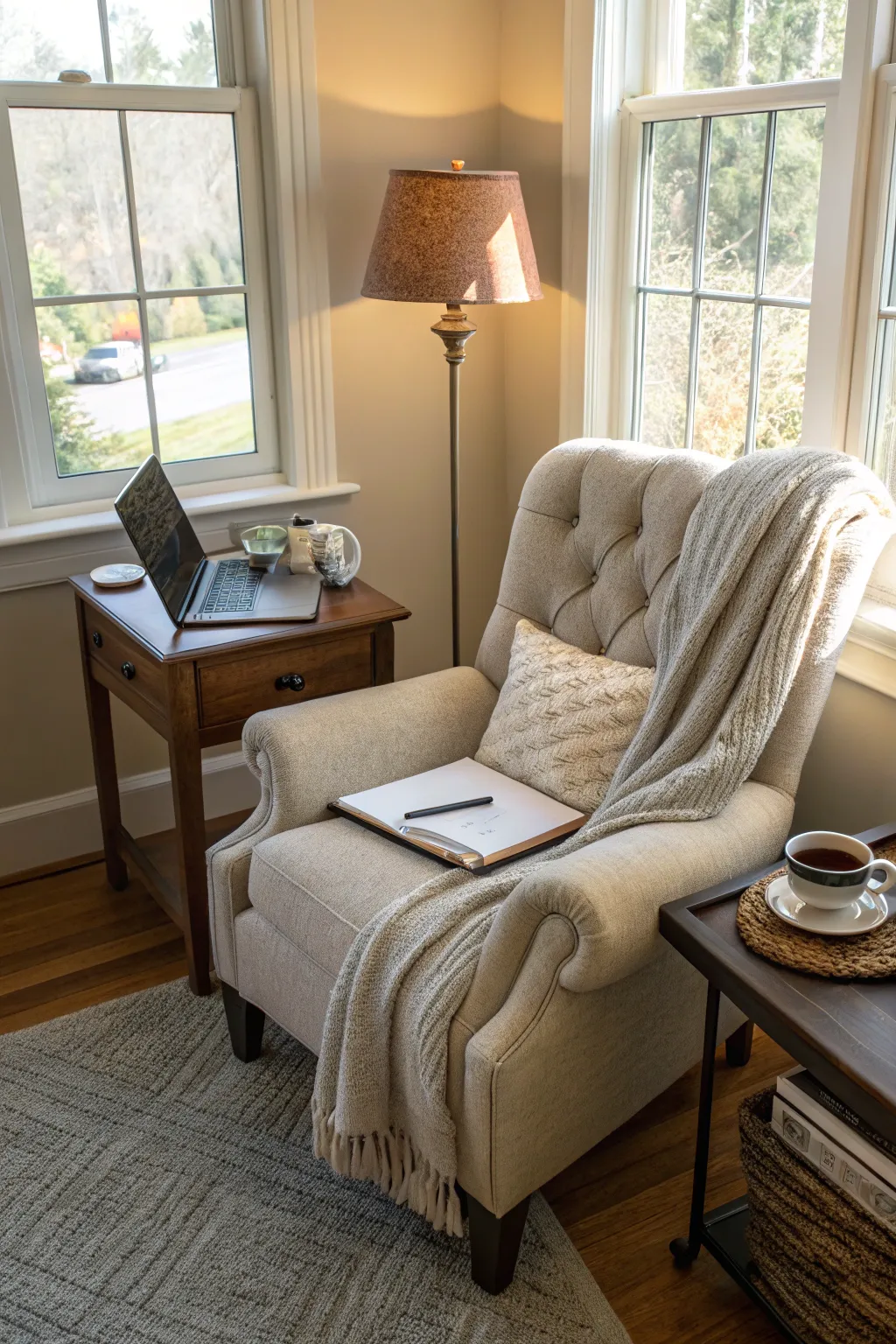A relaxation corner offers a peaceful retreat during work hours.