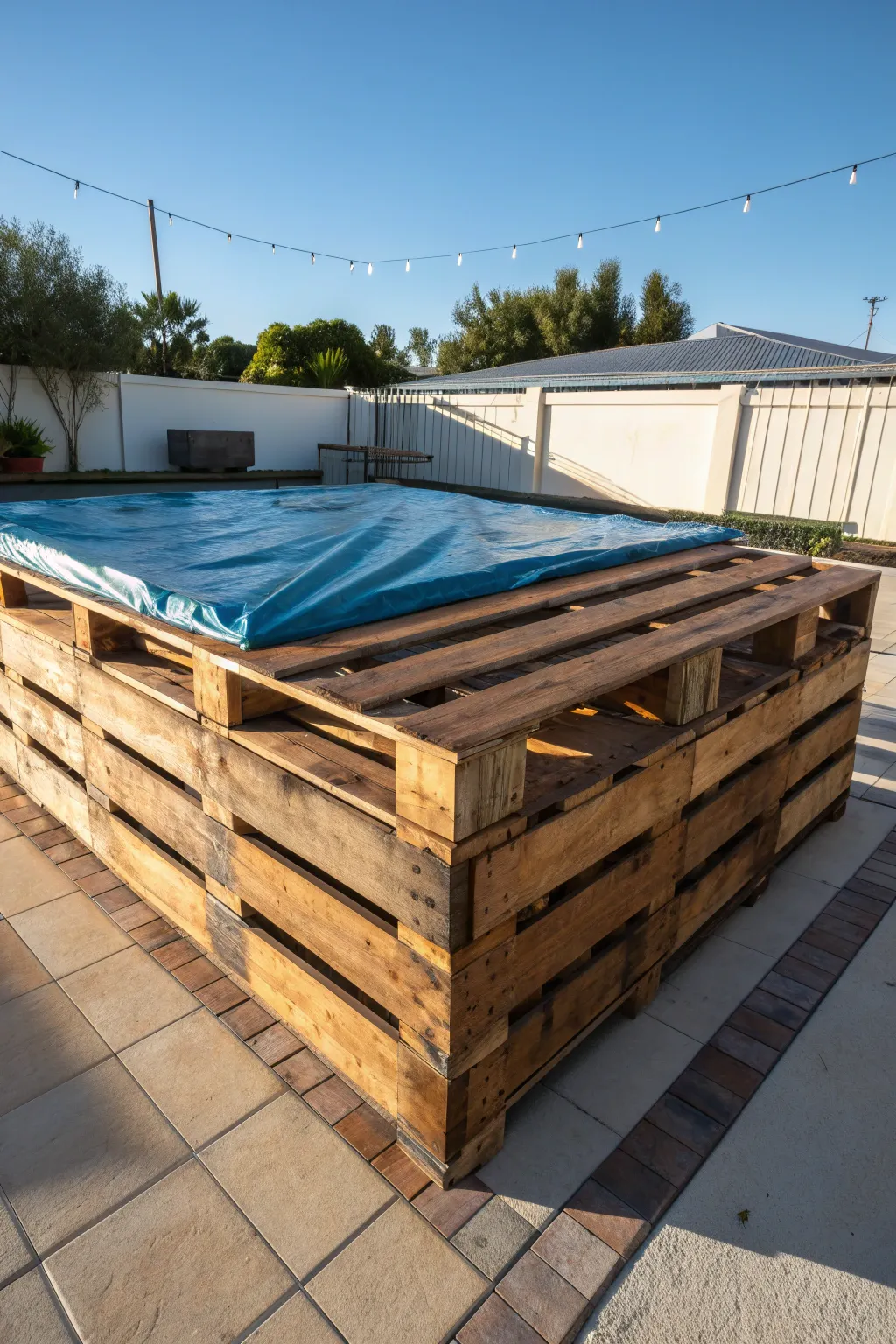 Transform your pool area with a rustic wooden pallet cover support - where functionality meets craftsmanship.