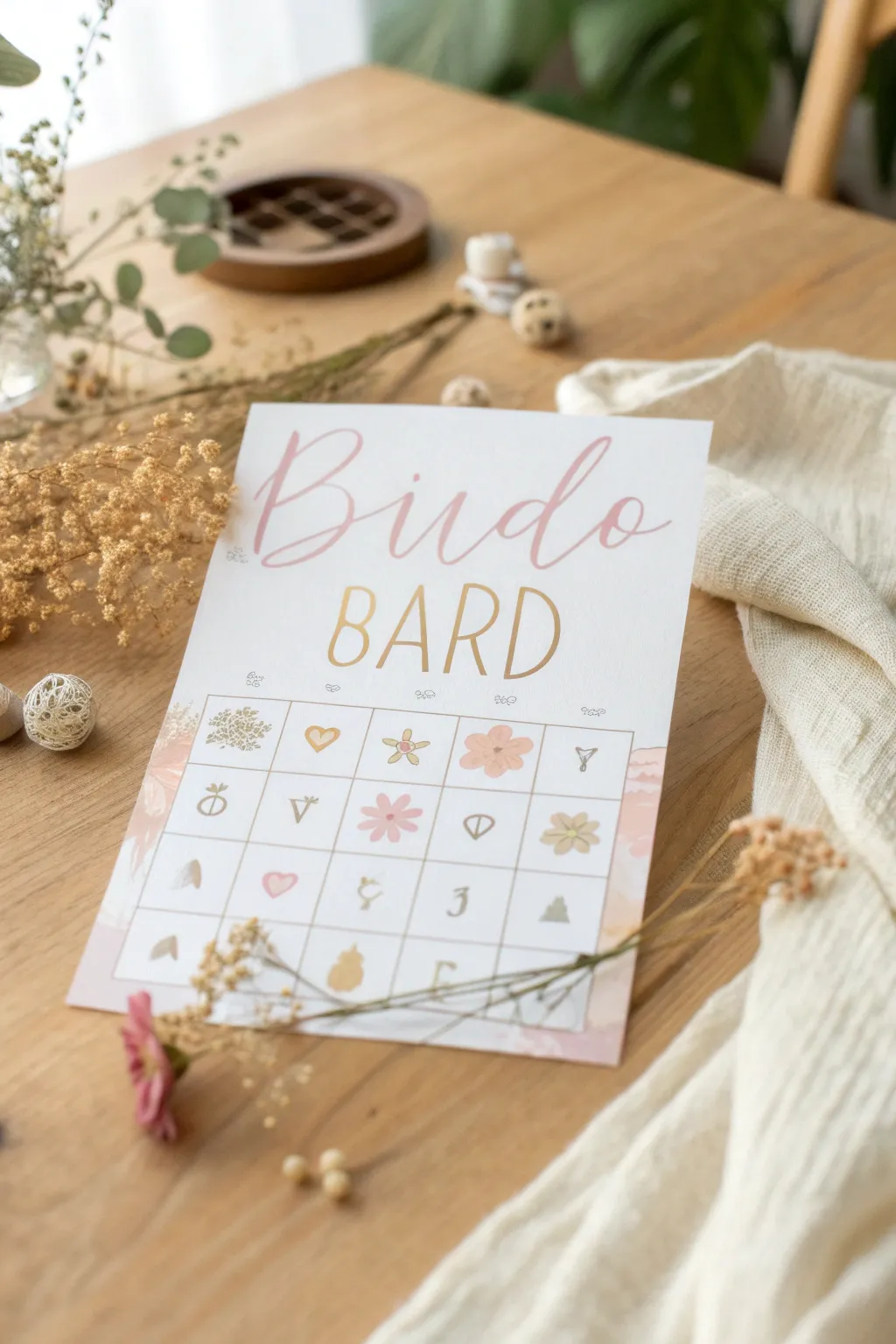 Elevate your bridal shower with this charming minimalist bingo card setup, perfect for a day of fun and elegance.