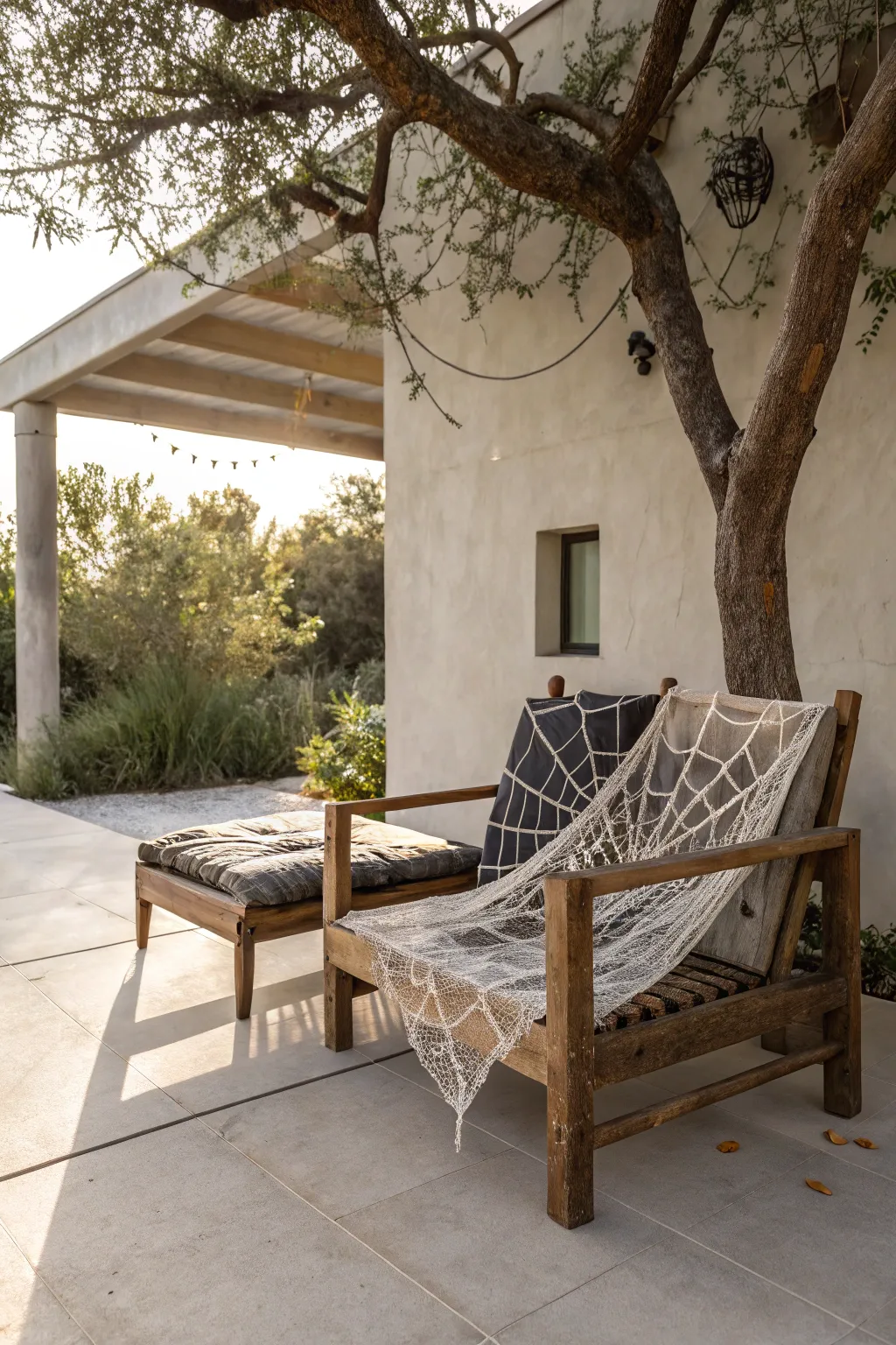 Transform your patio into a charmingly spooky retreat with cobweb-covered furniture.