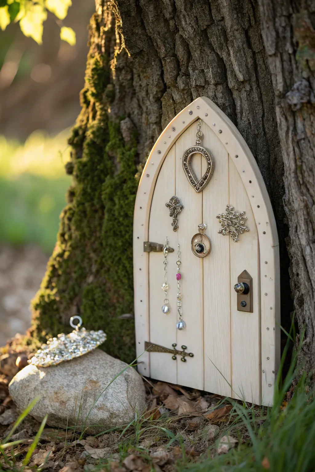 Add a touch of magic to your garden with a jewelry-adorned fairy door, where simplicity meets enchantment.
