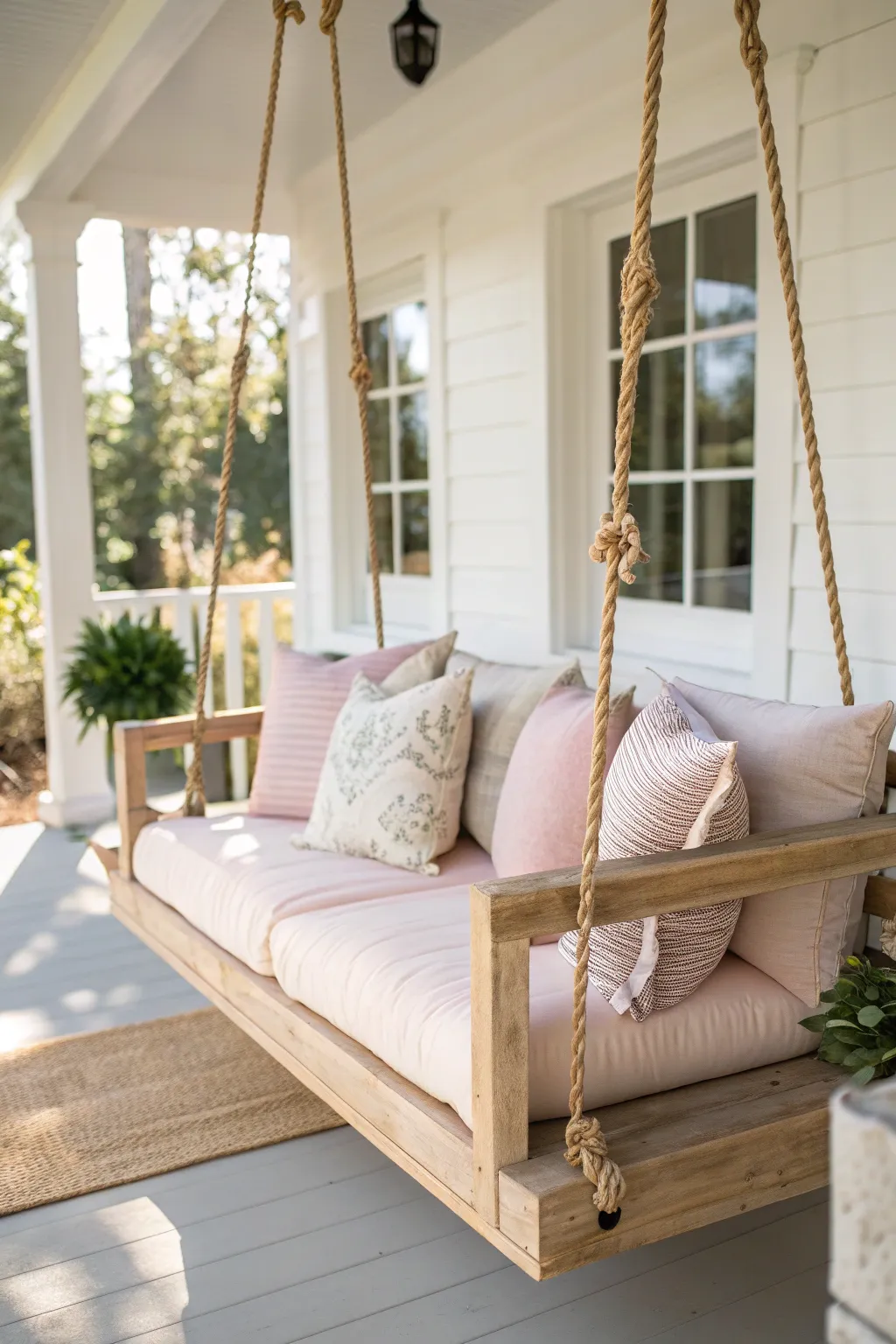 Transform your porch into a serene retreat with this beautifully crafted cushioned swing, perfect for cozy evening chats.