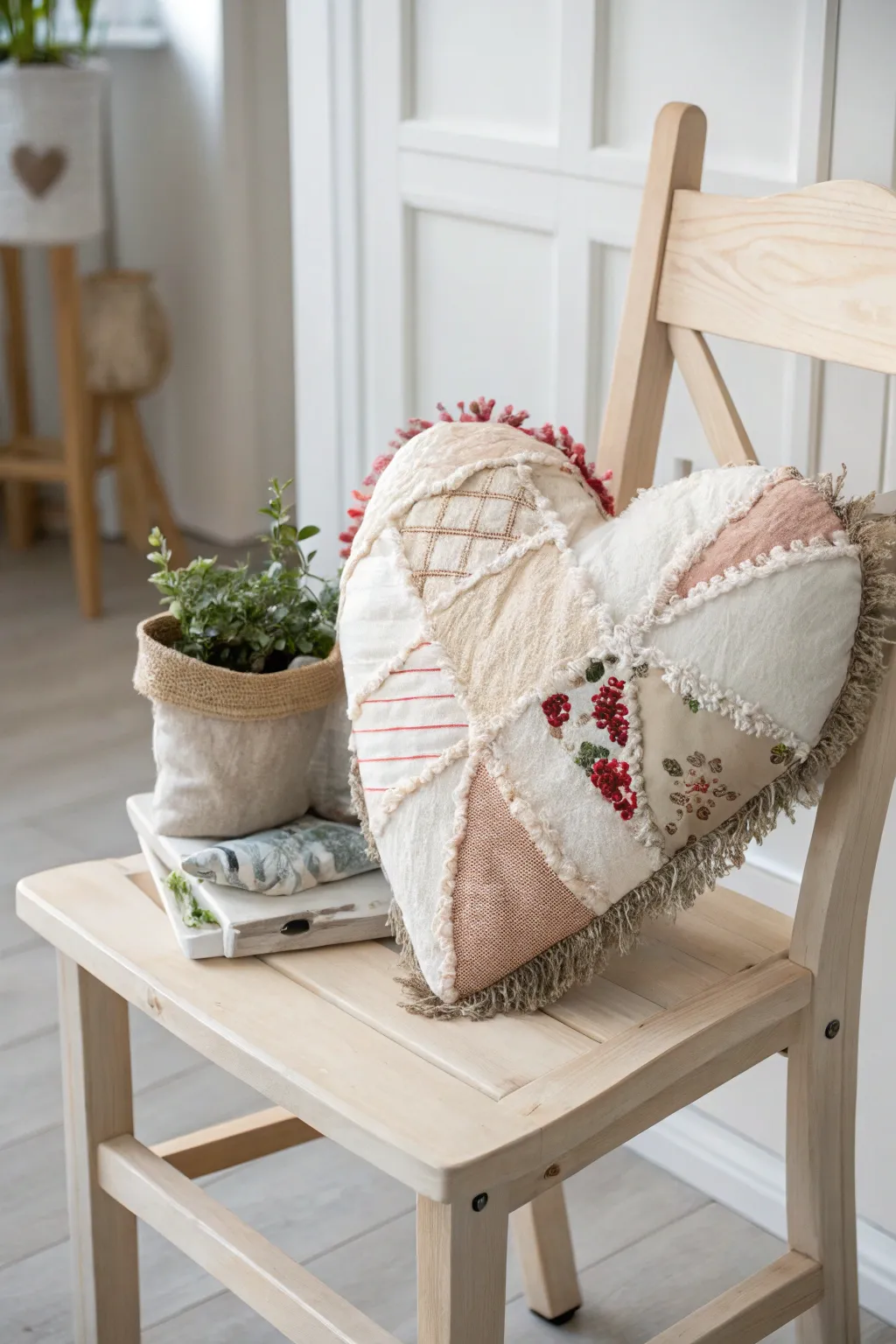Cozy up your space with a handmade heart-shaped pillow, blending minimalist chic with boho charm.