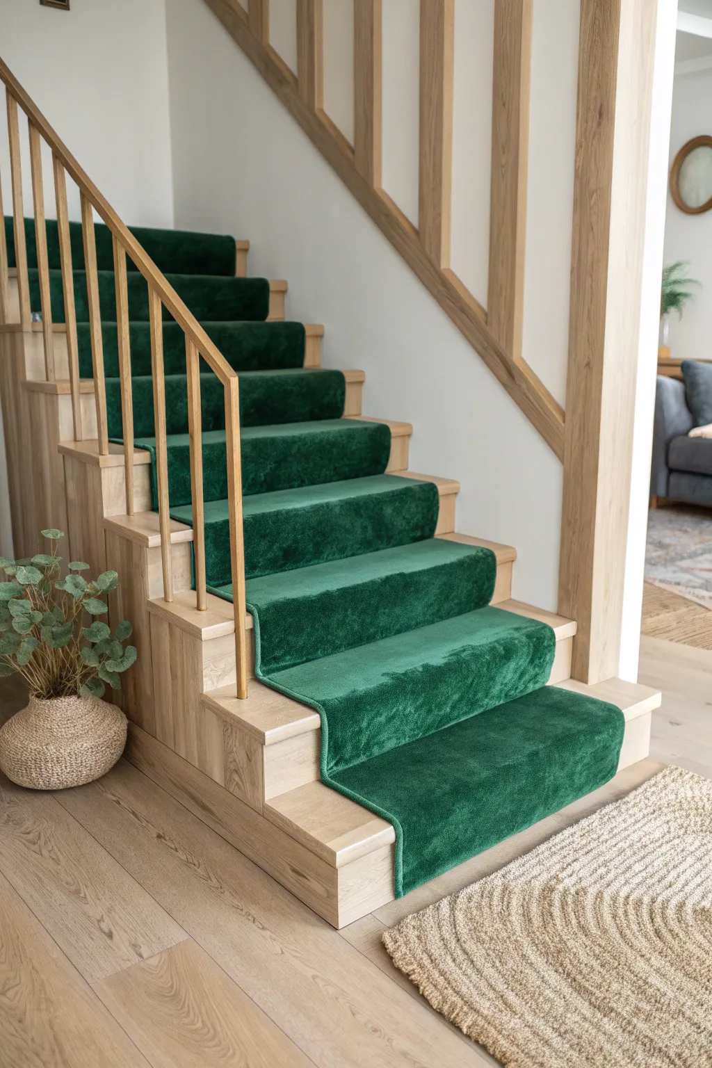 Elevate your stairway with the lush touch of velvet upholstery, where minimalism meets luxury.