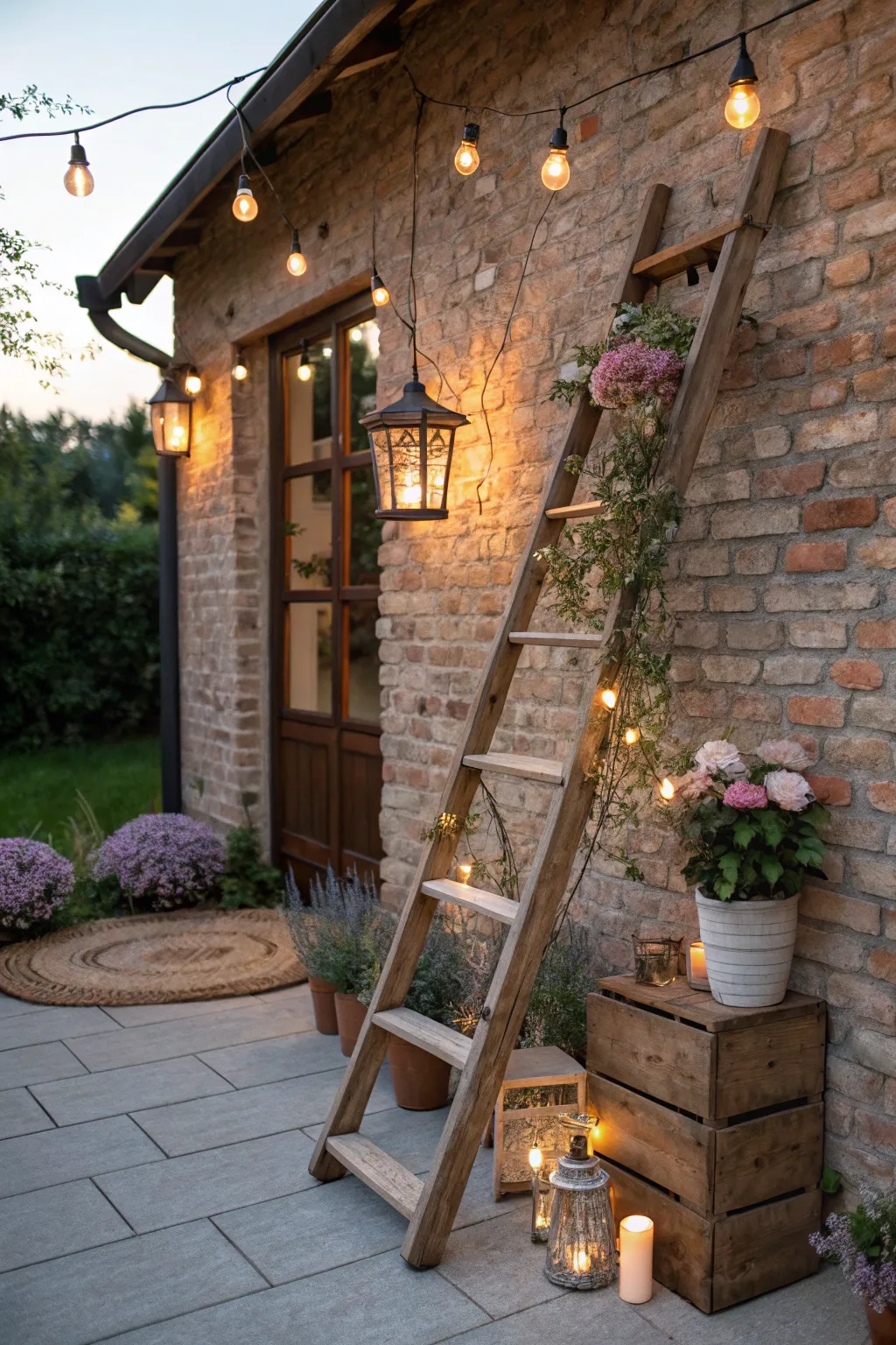 Create an enchanting outdoor oasis with a ladder display of lanterns and blooms.