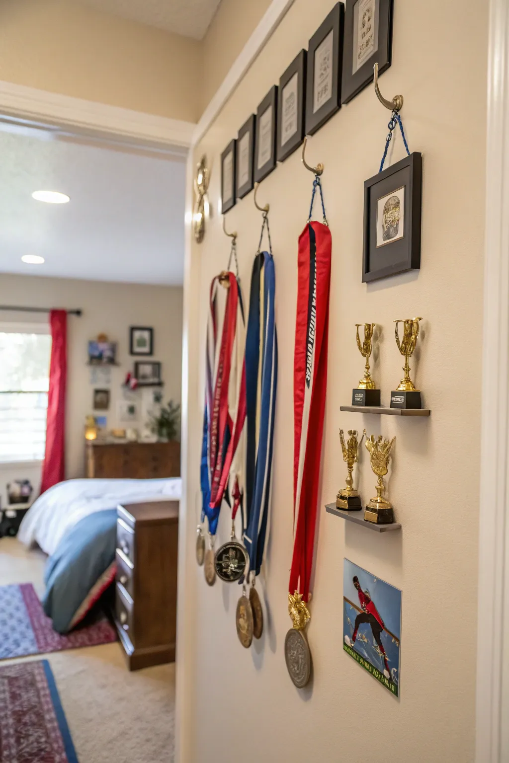 Medals and trophies hung on wall hooks.