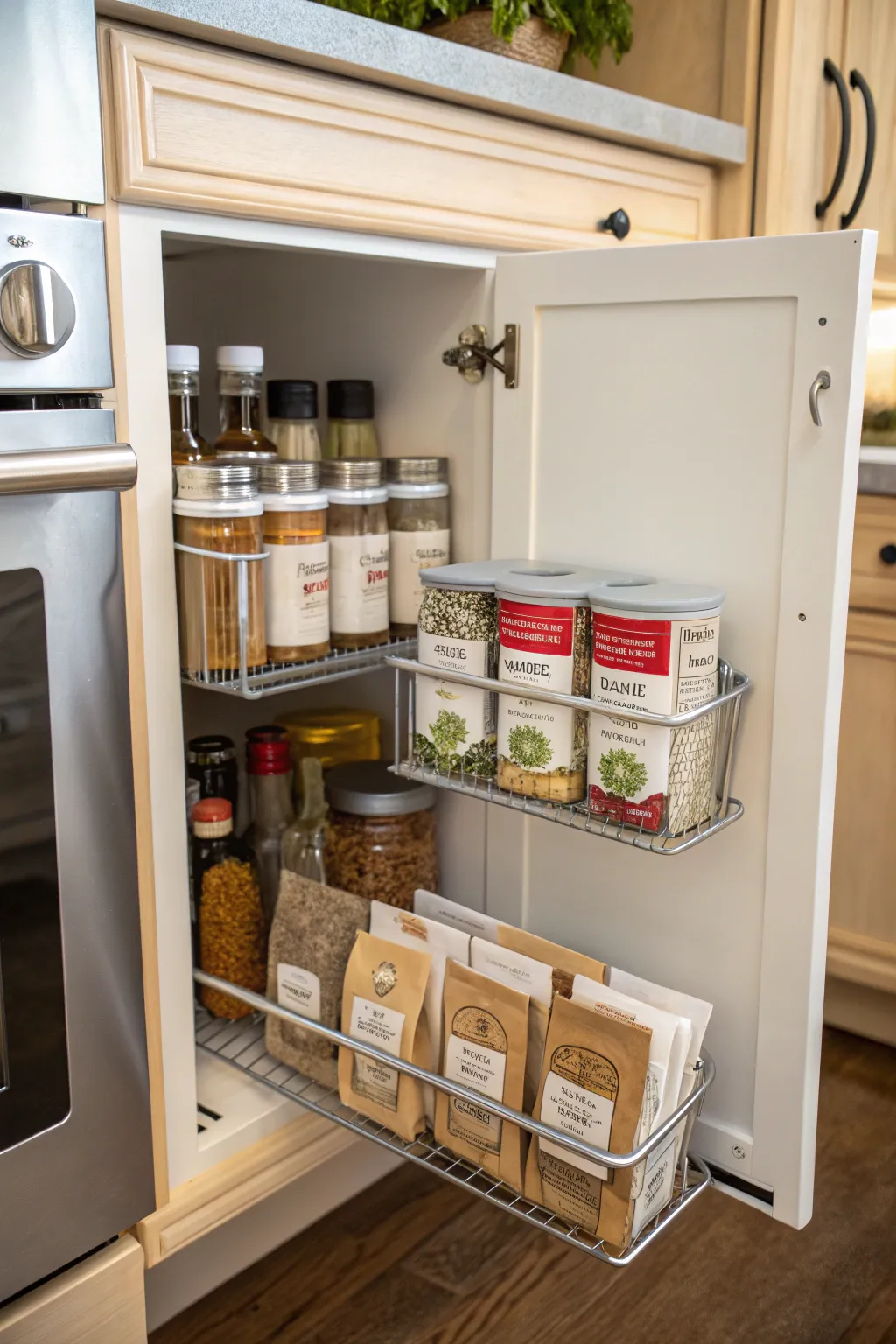 Door organizers maximize cabinet storage capacity.