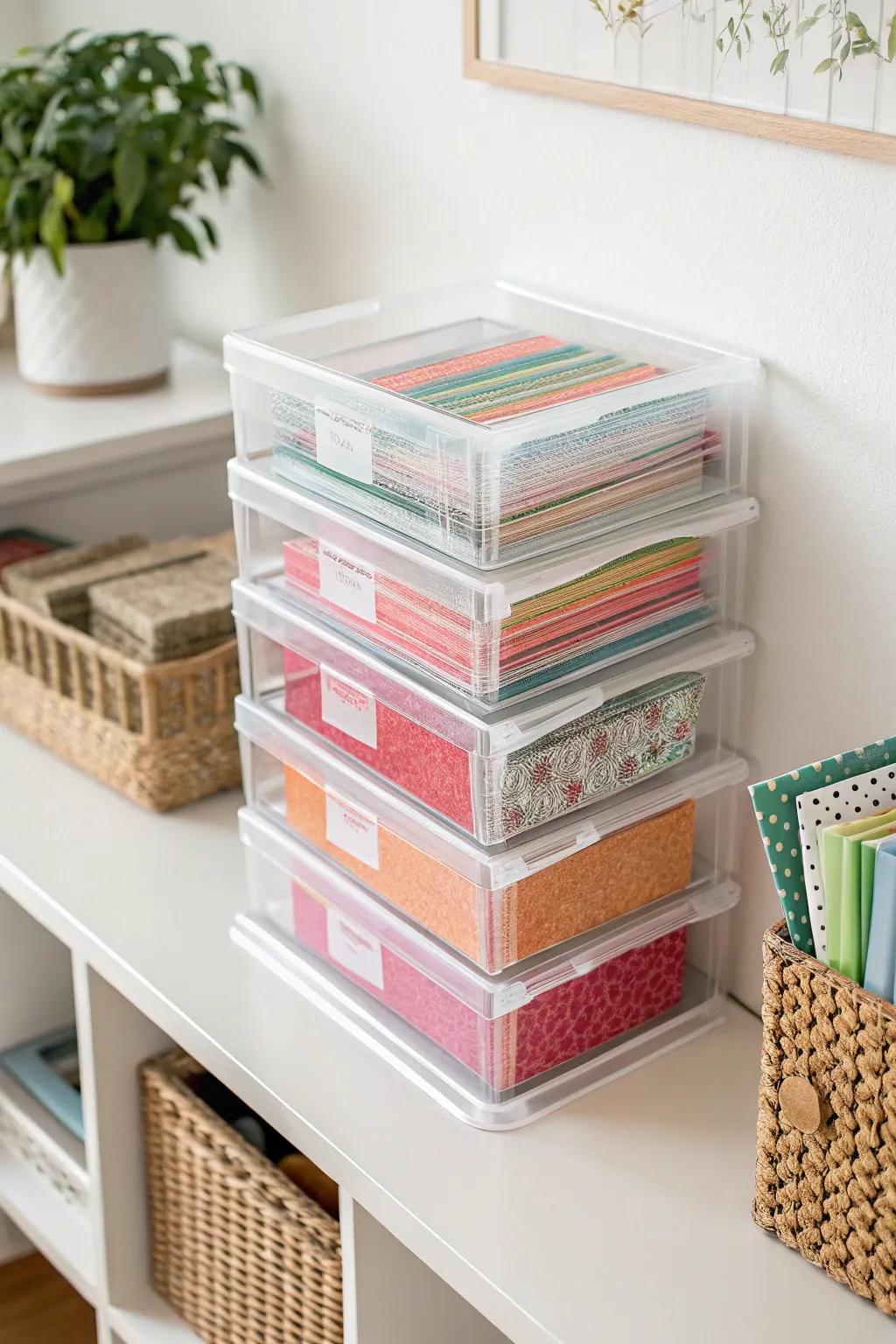 Organize your creativity with style: Clear boxes for a clutter-free craft space.