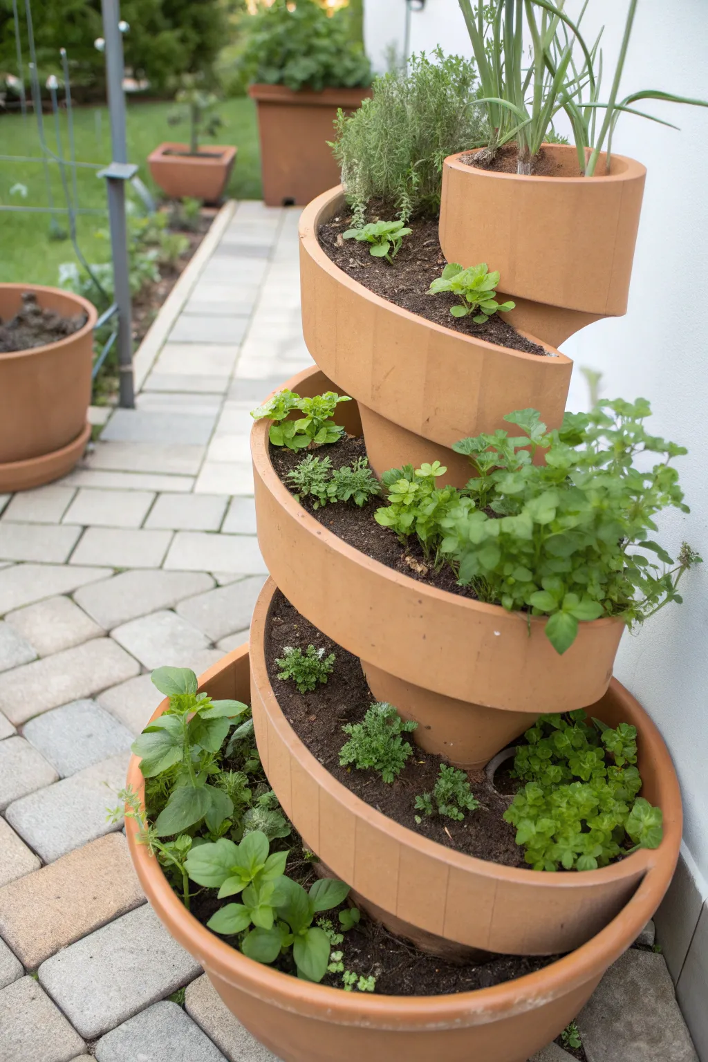 Transform broken pots into a stunning herb spiral for your garden oasis.