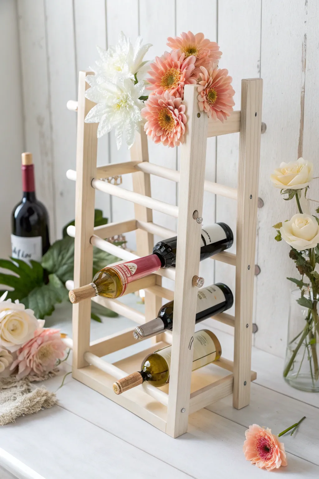 Transform your wine rack into a stunning flower display with a touch of Scandinavian minimalism and boho charm.