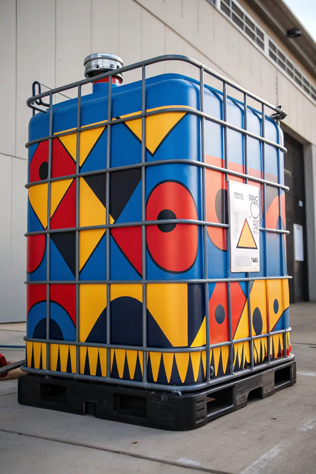 Transform your space with this bold IBC container art piece—where geometry meets vibrant color!