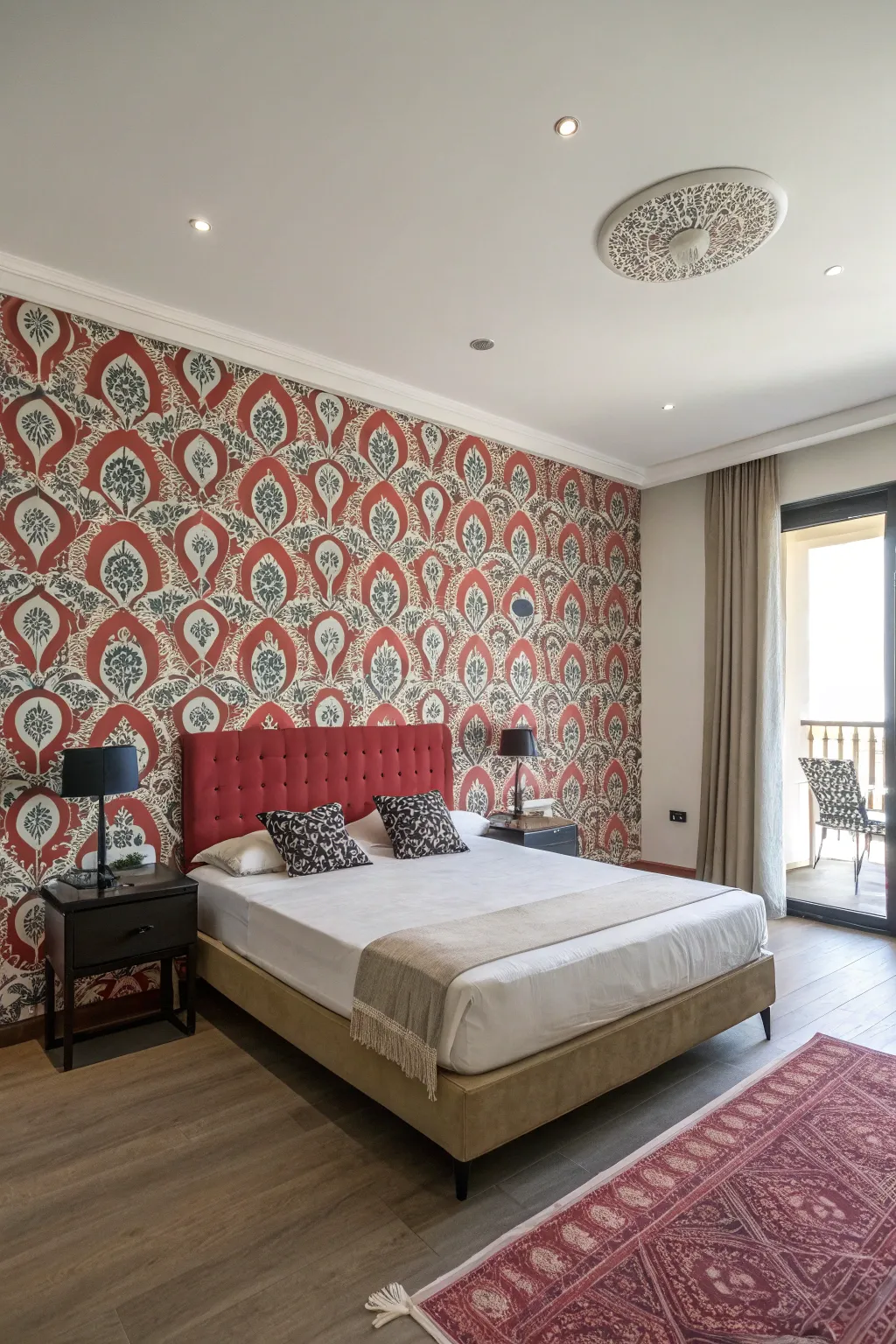 Bold wallpaper adds vibrant personality to your bedroom.