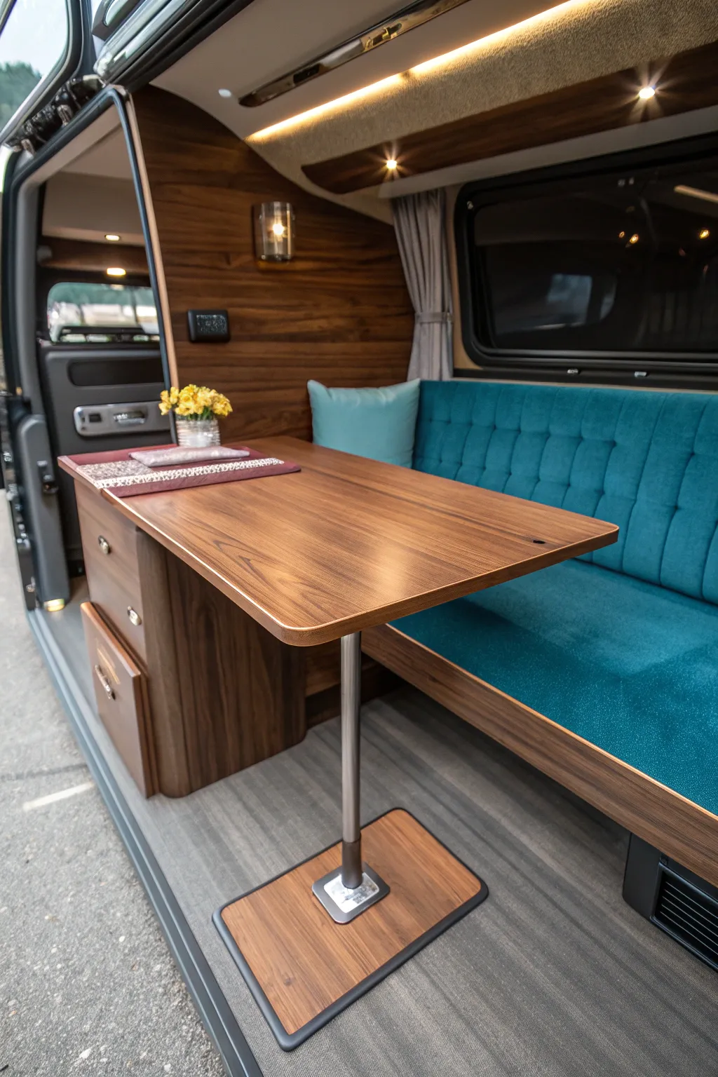 Transform your camper with style: a convertible dining area that blends craftsmanship and functionality.