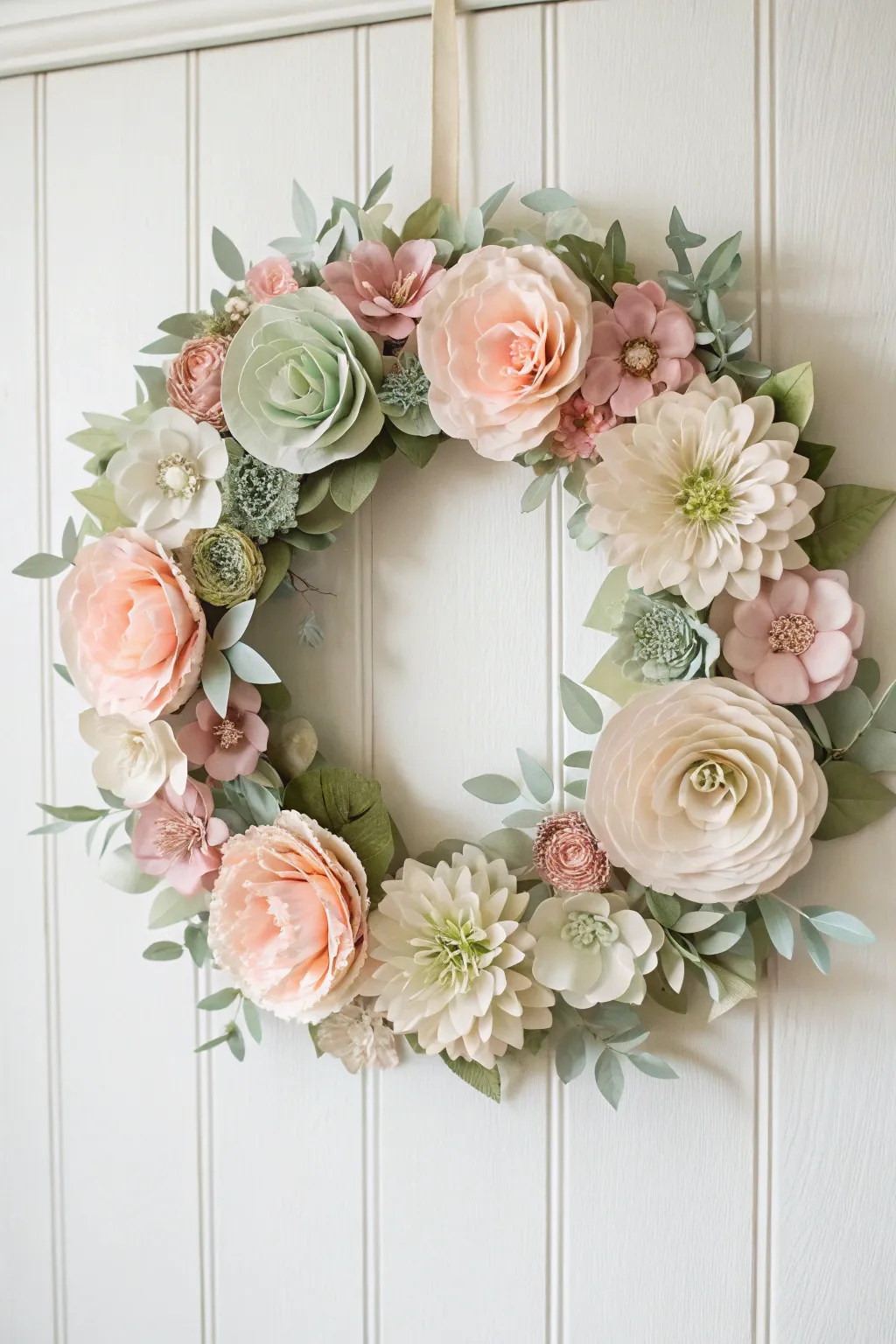Elevate your space with the timeless charm of a handmade paper flower wreath, blending Scandinavian minimalism with boho elegance.