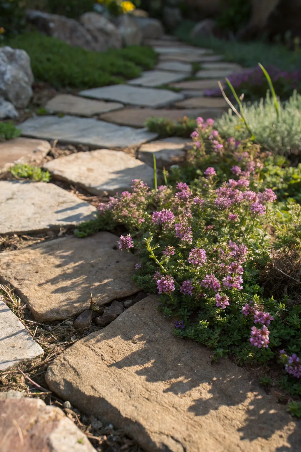 Experience the charm of craftsmanship with a fragrant thyme-accented walkway.